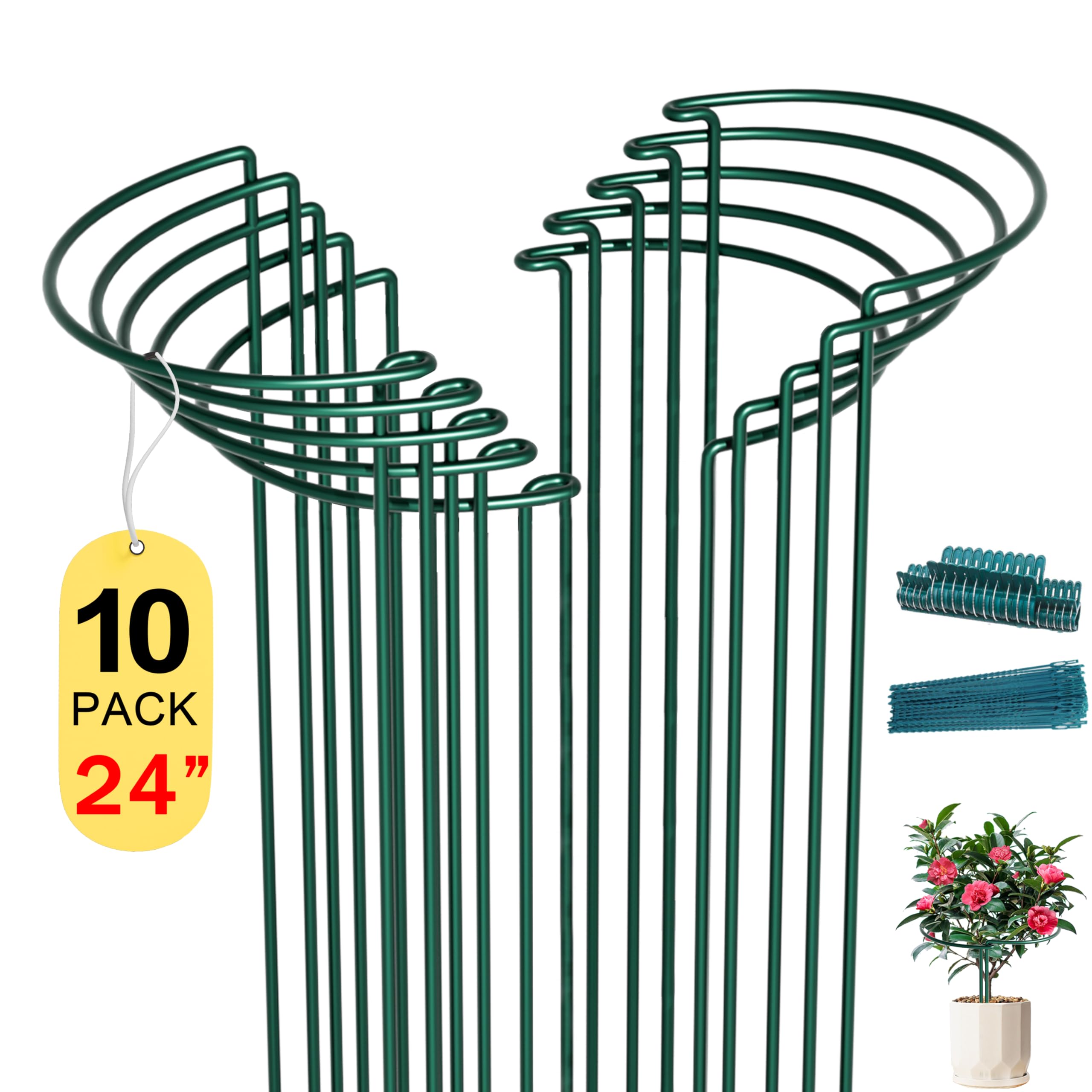 SYITCUN 10 Pack Peony Cages and Supports, 10" (W) x 24"(H) Plant Support, Rust-Proof Metal Plant Support Stakes for Outdoor&Indoor Plants, Bonus 20 Plant Clips and 20 Plant Ties
