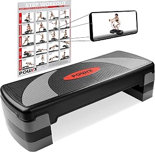 POWRX Step fitness/aeróbic escalón XL (80 x 30 cm) - Stepper ideal para ejercicios en casa y gimnasio - Altura regulable y superficie antideslizante + PDF workout (Negro/Gris)