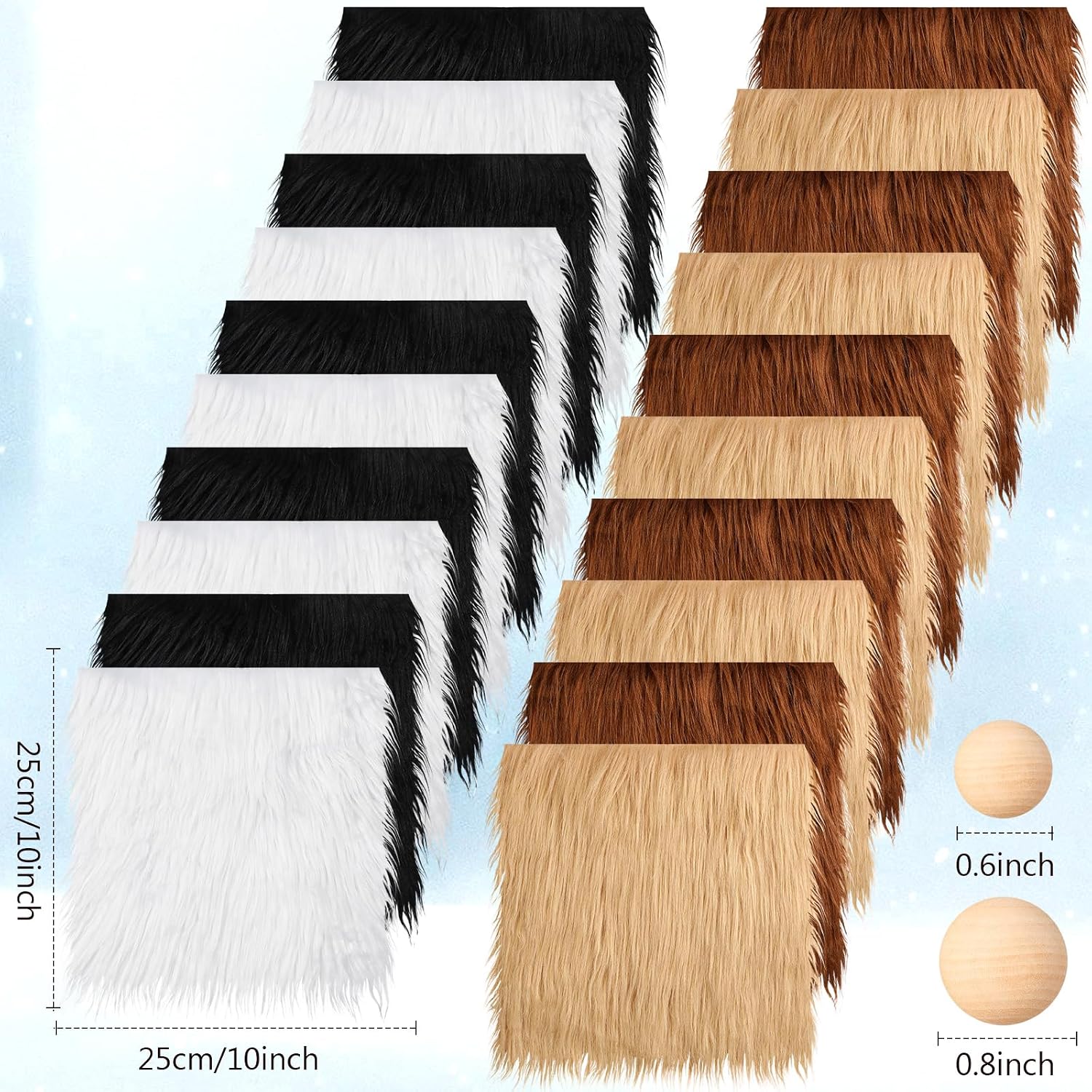 Tudomro 20 Pcs Faux Fur Fabric 10" x 10" with 40 Pcs Wood Balls, Shaggy Faux Fur Square Patches, Gnome Beards for Crafting Sewing Costume Rug Pillow Cushion Pad Chair Cover(Retro Color)