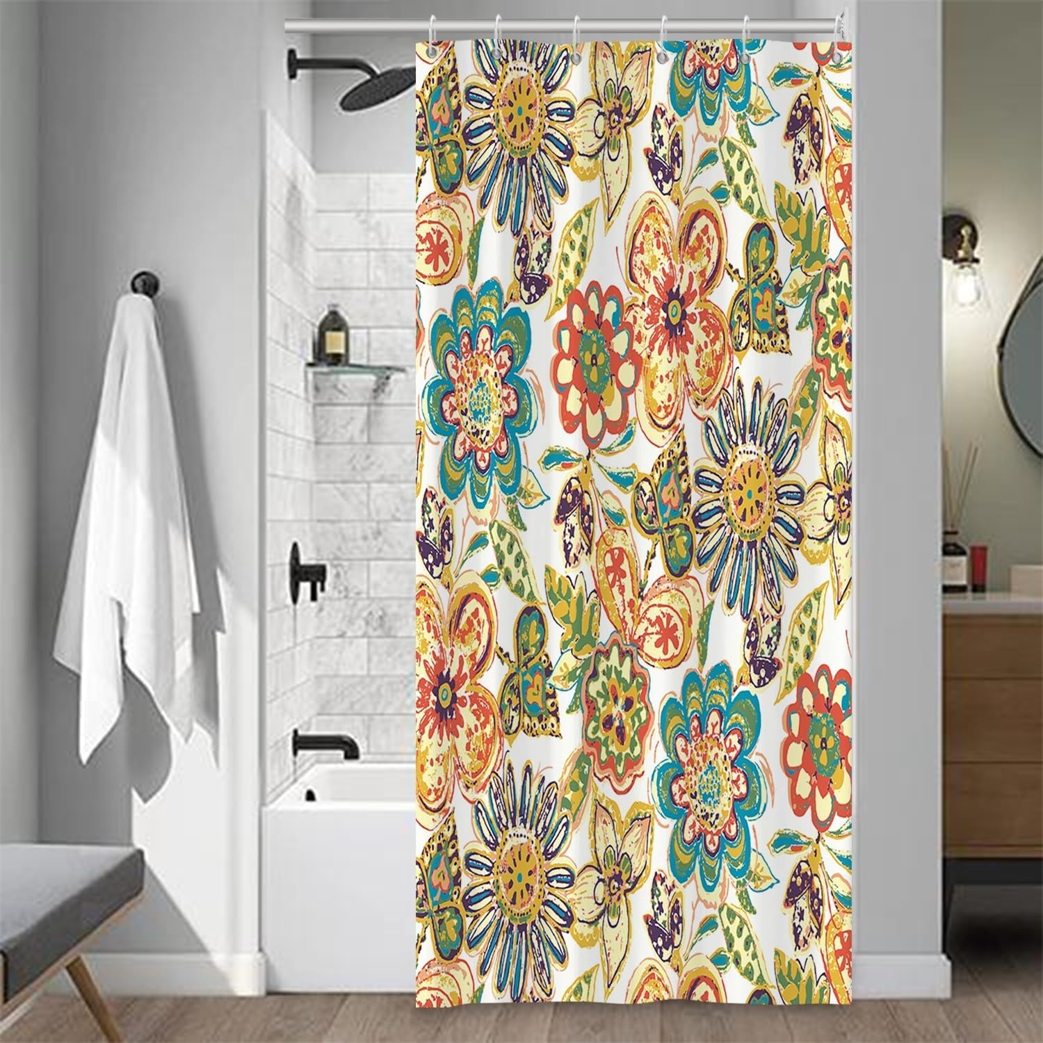 Cortina de ducha de baño con diseño floral, estilo retro, floral, colorida, impermeable, duradera, para decoración del hogar, con ganchos, 36 x 72