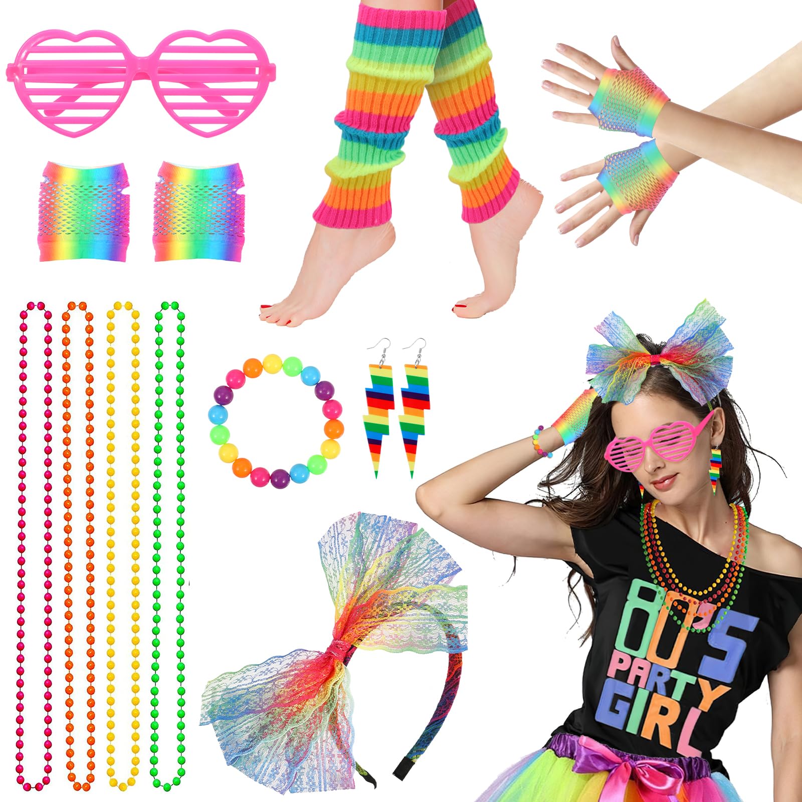 mizikuu 20 pièces Deguisement Annee 80 Set, 8pcs Serre Poignet Fluo 4 élastique Bandes de Cheveux 4 Collier Coloré Fluo Rétro 4 Bandeau Fluo Annee pour Années 80s 90s Disco Costume