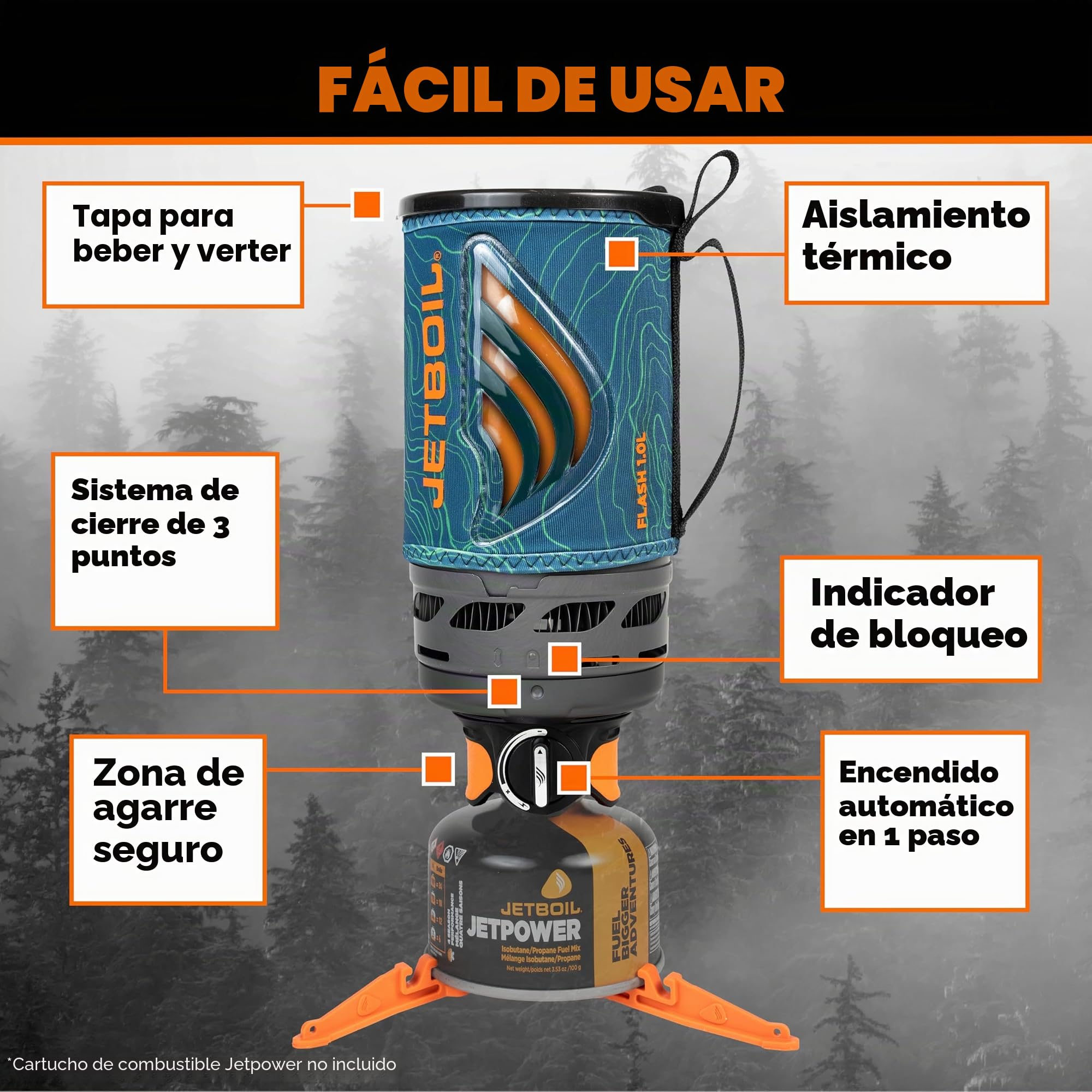 Jetboil Flash - Estufa portátil de ebullición rápida de 1.0L para acampar y mochileros con encendido automático de 1 paso, nuevo para 2025, quemador de propano/isobutano con taza de cocina, topo