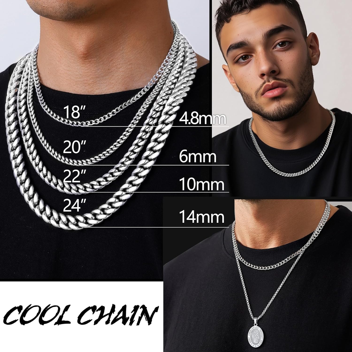 PROSTEEL 316L Stainless Steel Figaro Cuban Chain Necklace for Men, Black/18K Real Gold Plated, 4/5/6/7.5/9/10/13mm, 14inch-30inch, Come with Box