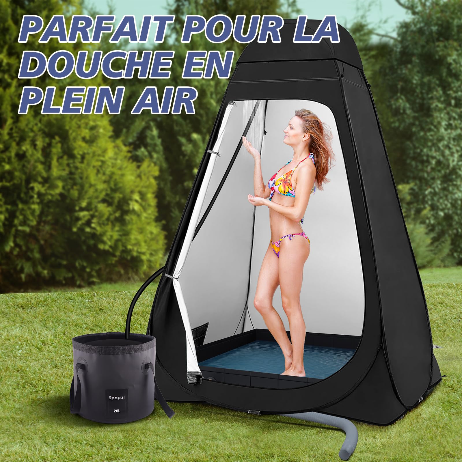 Spopal Pliable Base de Douche,[Pliable-104x104x13cm] Bac de Douche Portable,Base de Douche Pliable et Sol de Lavabo avec Tuyau de Vidange Amovible, pour Camping-Car, Extérieur, Intérieur (Noir)