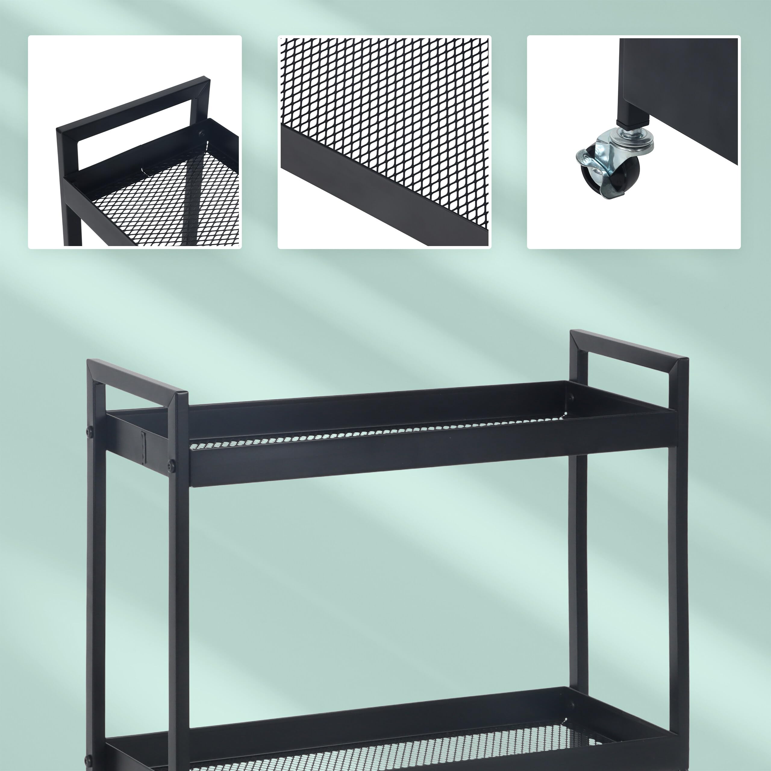 Relaxdays Nischenwagen, 3 Ebenen, Mesh-Design, HBT: 85 x 20 x 50 cm, Badezimmer, Küche, Metall, Rollwagen, schwarz