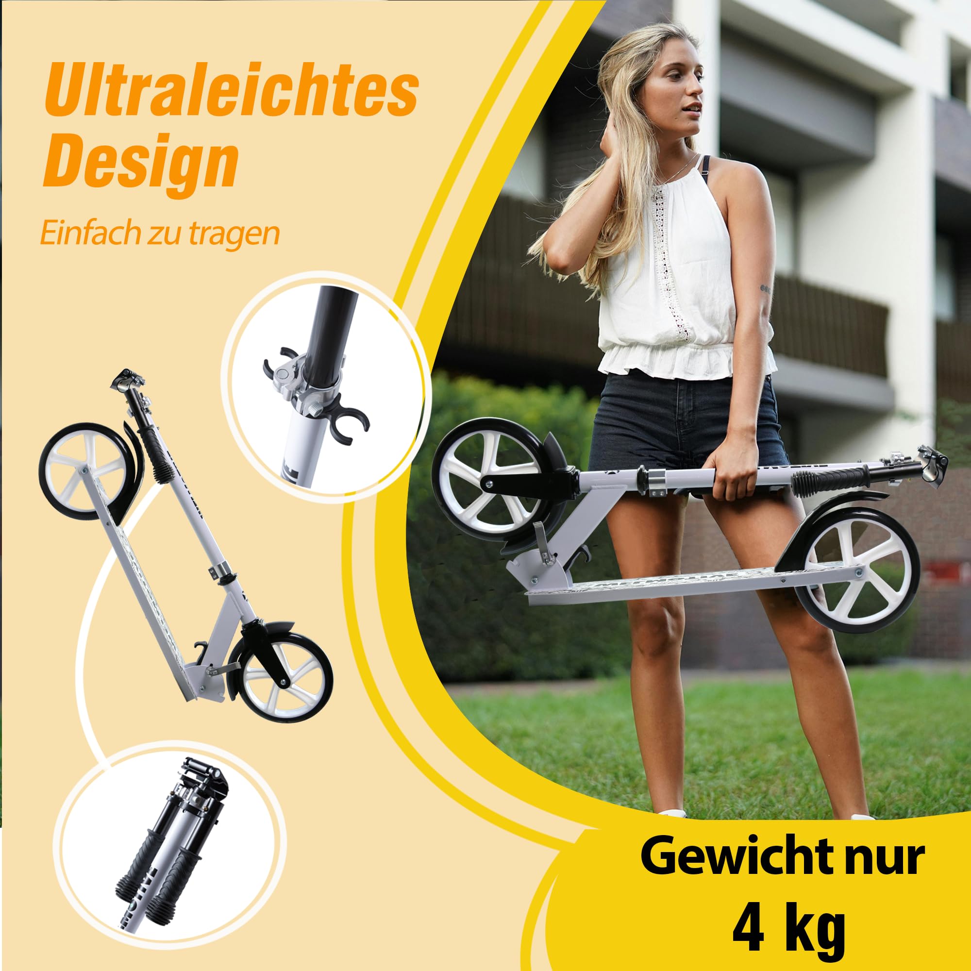 Tretroller für Kinder & Erwachsene – Klappbarer Cityroller mit höhenverstellbarem Lenker – Scooter mit Ständer – Keine Montage nötig – Leicht bis 100KG