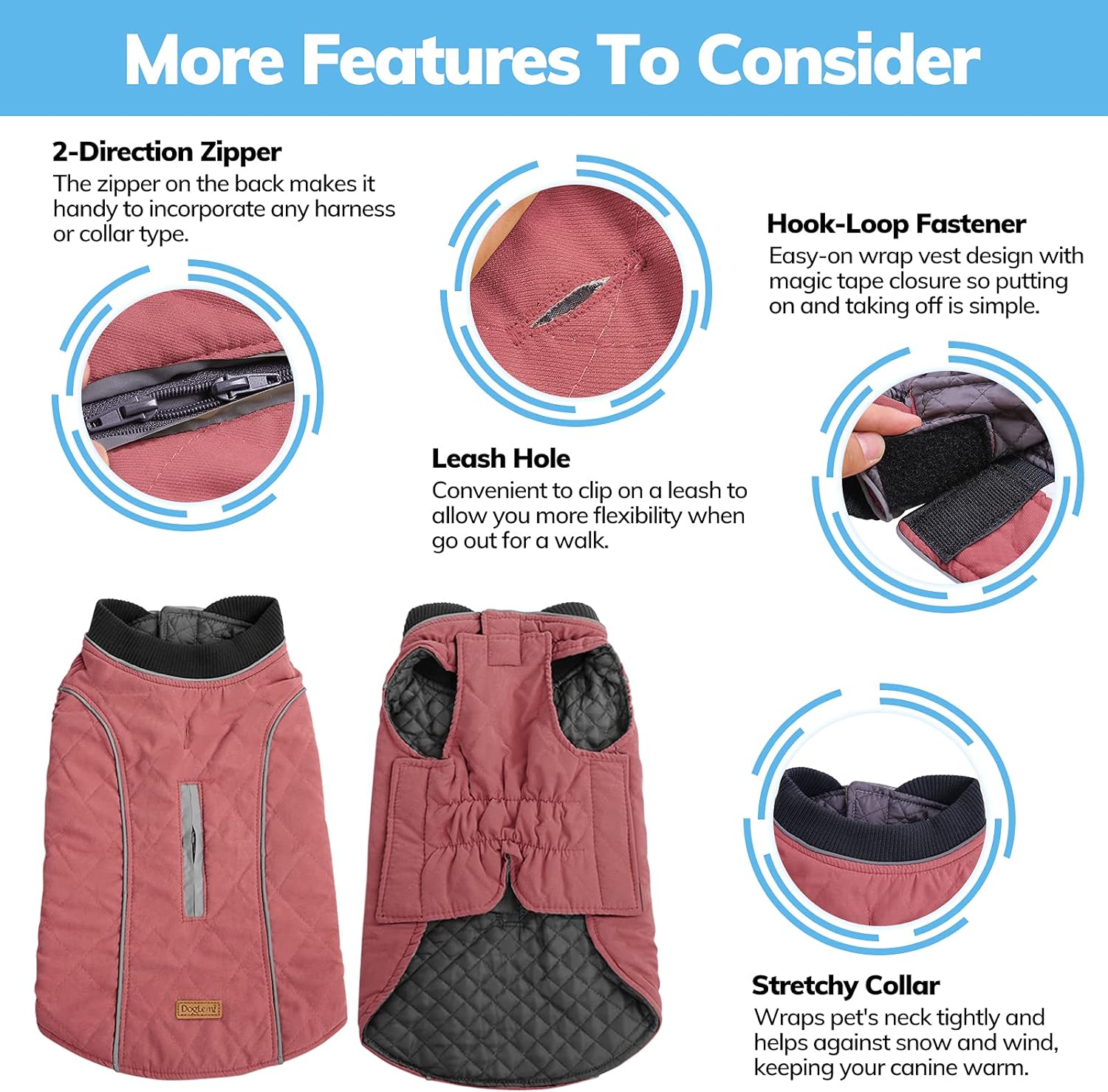 KOESON Windproof Dog Cold Weather Coat, Reflective Pet Winter Thick Warm Outdoor Jacket with Harness Hole, Comfy Cotton Apparel Padded Vest for Small Medium Large Dogs Pink 2XL : Pet Supplies