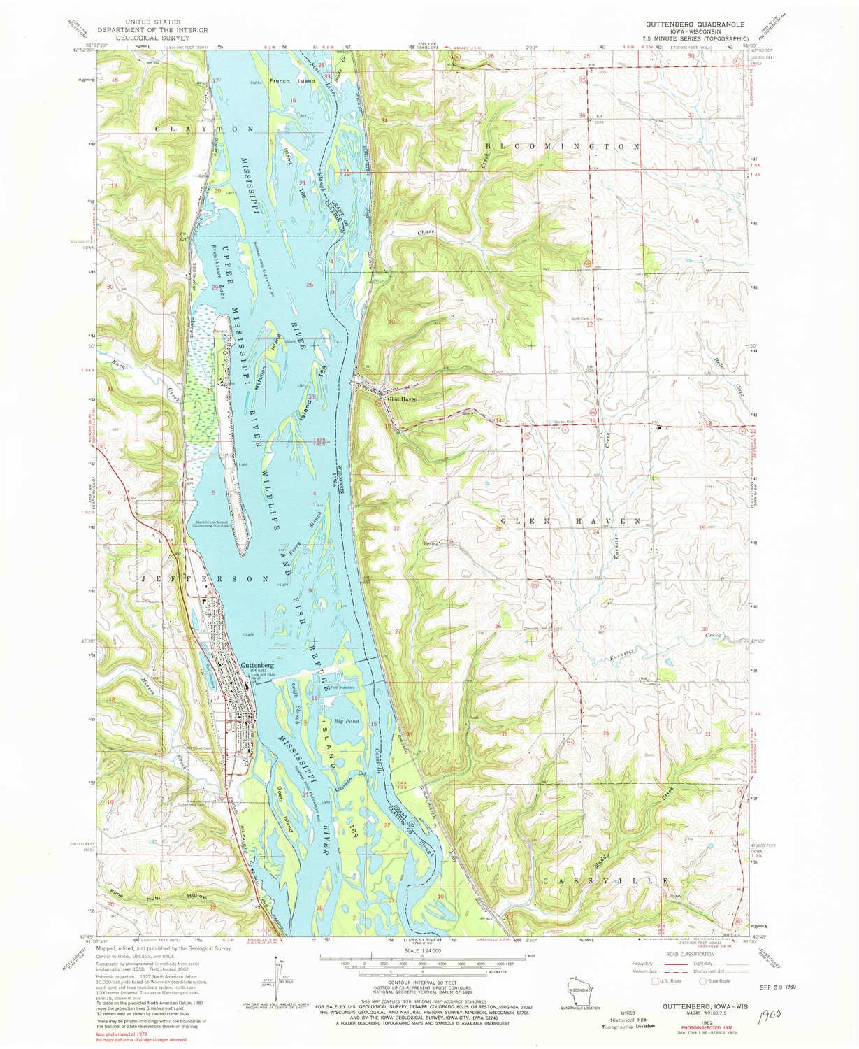 YellowMaps Guttenberg IA topo map, 1:24000 Scale, 7.5 X 7.5 Minute, Historical, 1962, Updated 1980, 26.9 x 22.1 in