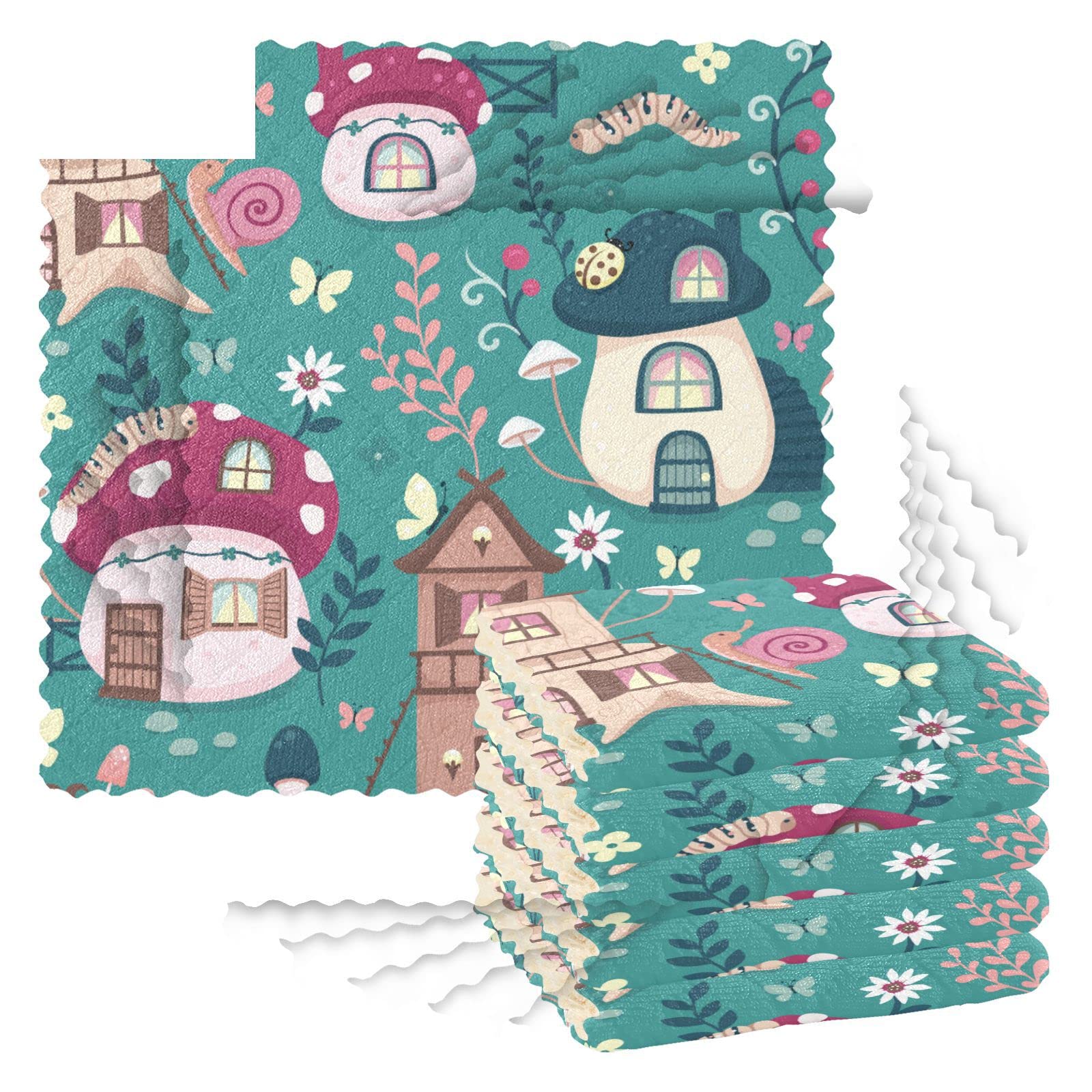 Set 6 Strofinacci Da Cucina 28x28 Cm – Foresta Autunnale Con Volpe E Fungo – Assorbenti E Morbidi