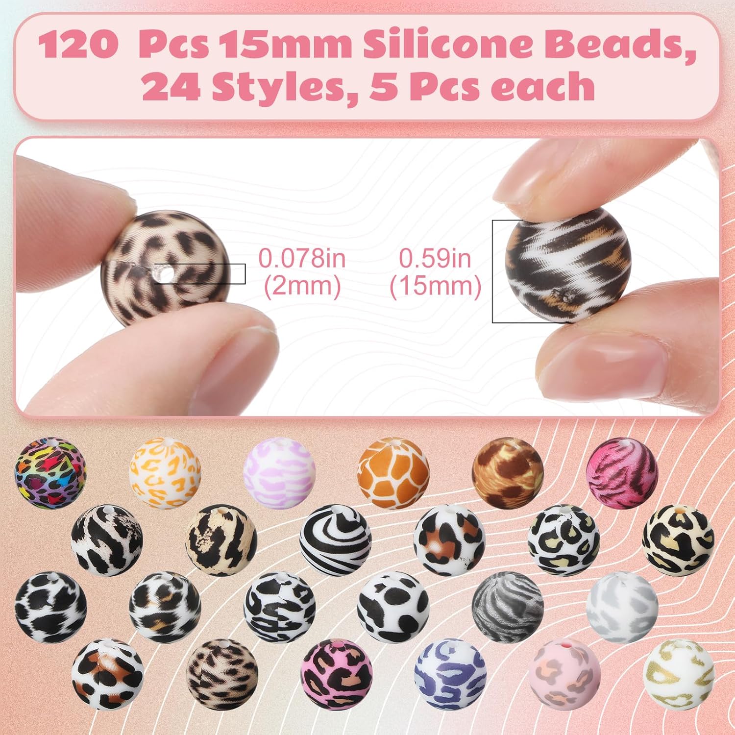 Ferreve 120 Pcs 15mm Silicone Beads Bulk Leopard Print Silicone Beads Leopard Print Rubber DIY Bracelet Making Kit for Keychain Making Pens Necklace Jewelry