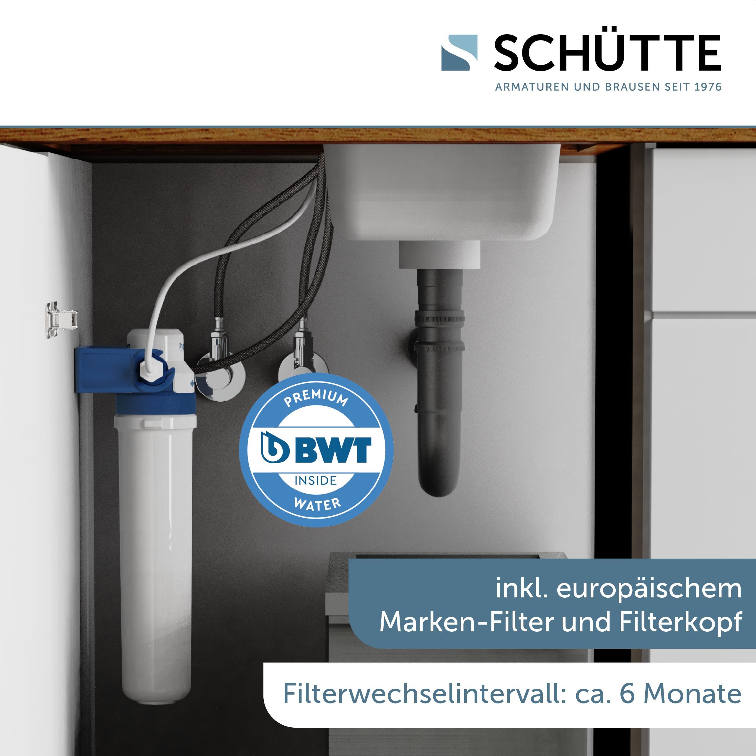 SCHÜTTE Aquastar Pro 99805 - Grifo para fregadero de agua potable con sistema de filtro, 3 vías, grifo de cocina con filtro de agua contra residuos de cal y metales pesados, aspecto de acero