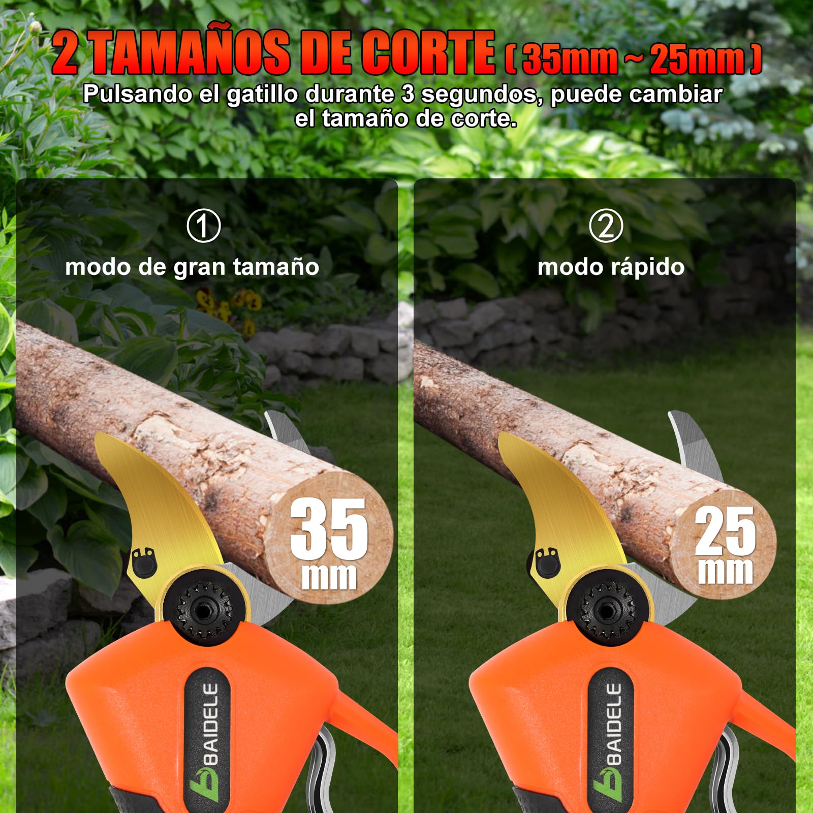 Tijeras de Podar Eléctricas 35mm, 600W Tijeras de Podar Bateria con 2 Baterías de Litio de 2,0 Ah, 8 Horas de Funcionamiento, Empuñadura Antifatiga, Ideal Para La Poda en Jardines, Huertos y Viñedos