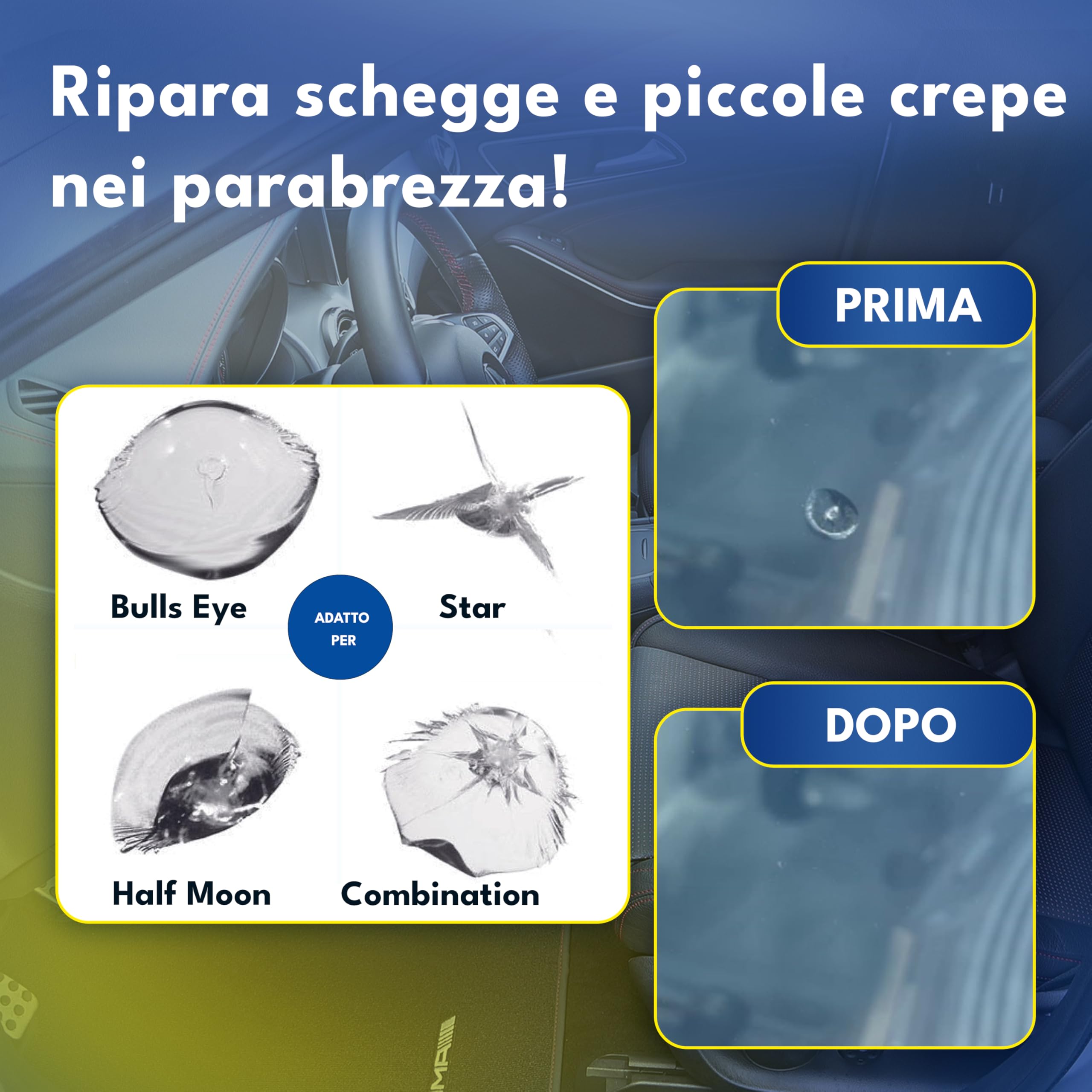 ATG® Kit riparazione parabrezza auto – Resina riparazione vetro auto per crepe e scheggiature | Ripara parabrezza auto | Soluzione rapida per danni da impatto