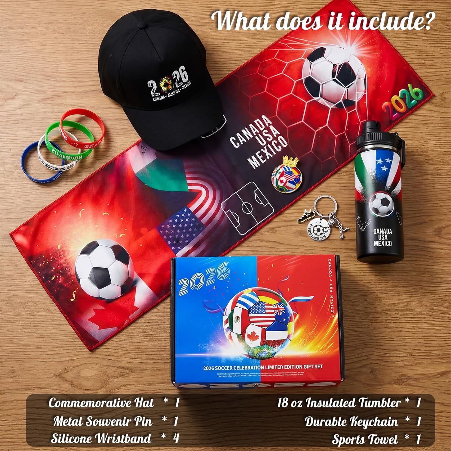 Exun Soccer Fan Gift Basket Set 2026 – 9 Piece Sports Accessories Bundle with Stainless Steel Tumbler, Towel, Keychain, Hat, Wristband & Metal Pin – Triple Nation Flag Design, Soccer Lover Gift