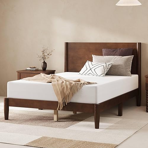 AMERLIFE Solid Wood Full Size Bed Frame, Mid Century Modern Platform Bed with Full Panel Headboard, Noise-Free & Cylindrical Legs, No Box Spring Needed, Under-Bed Storage, Dark Walnut