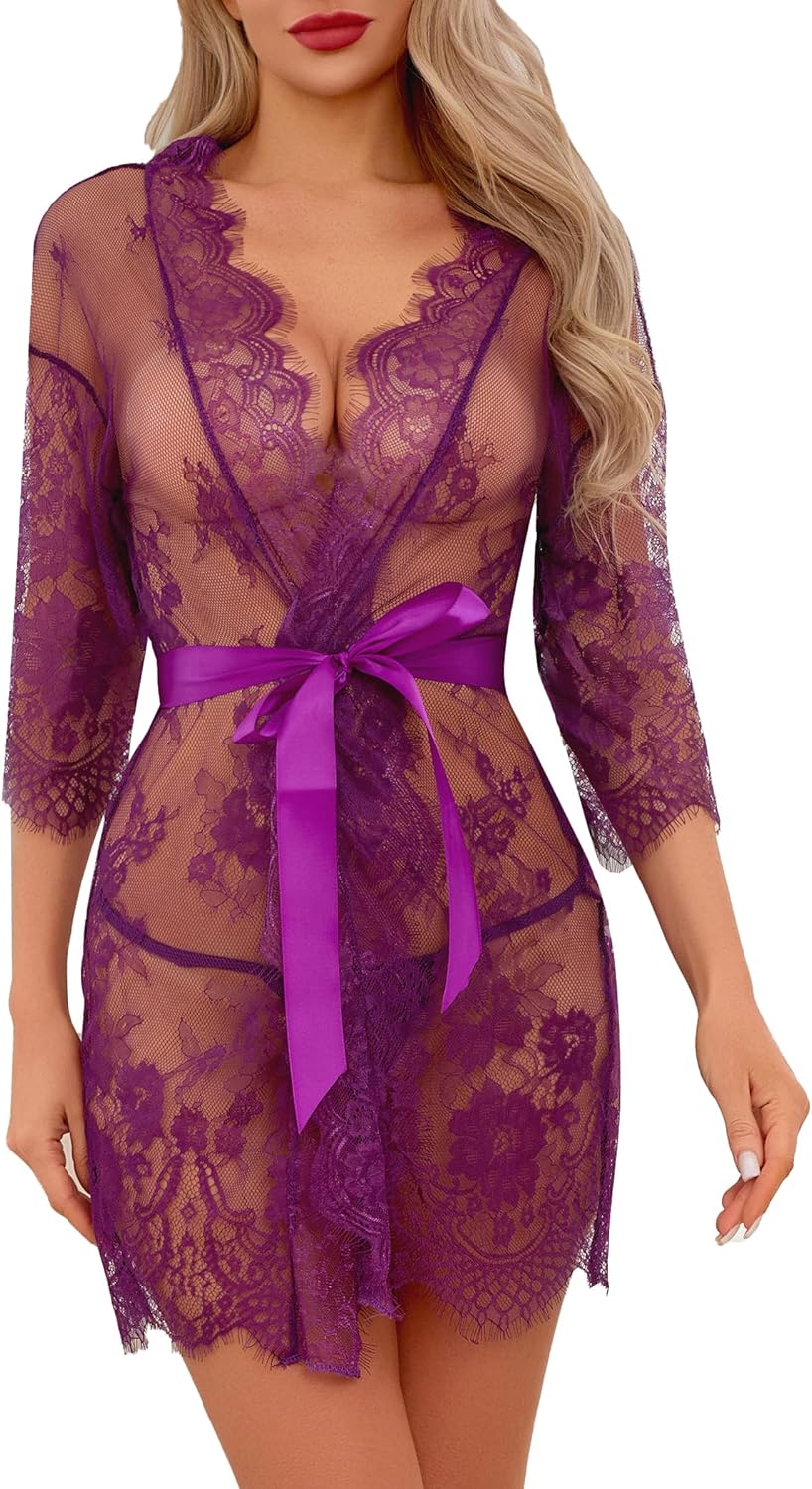 Narcisse Women's Lace Kimono Robe Mesh Nightgown Chemise Babydoll Cover Up Purple/Black/Red Robe with Belt