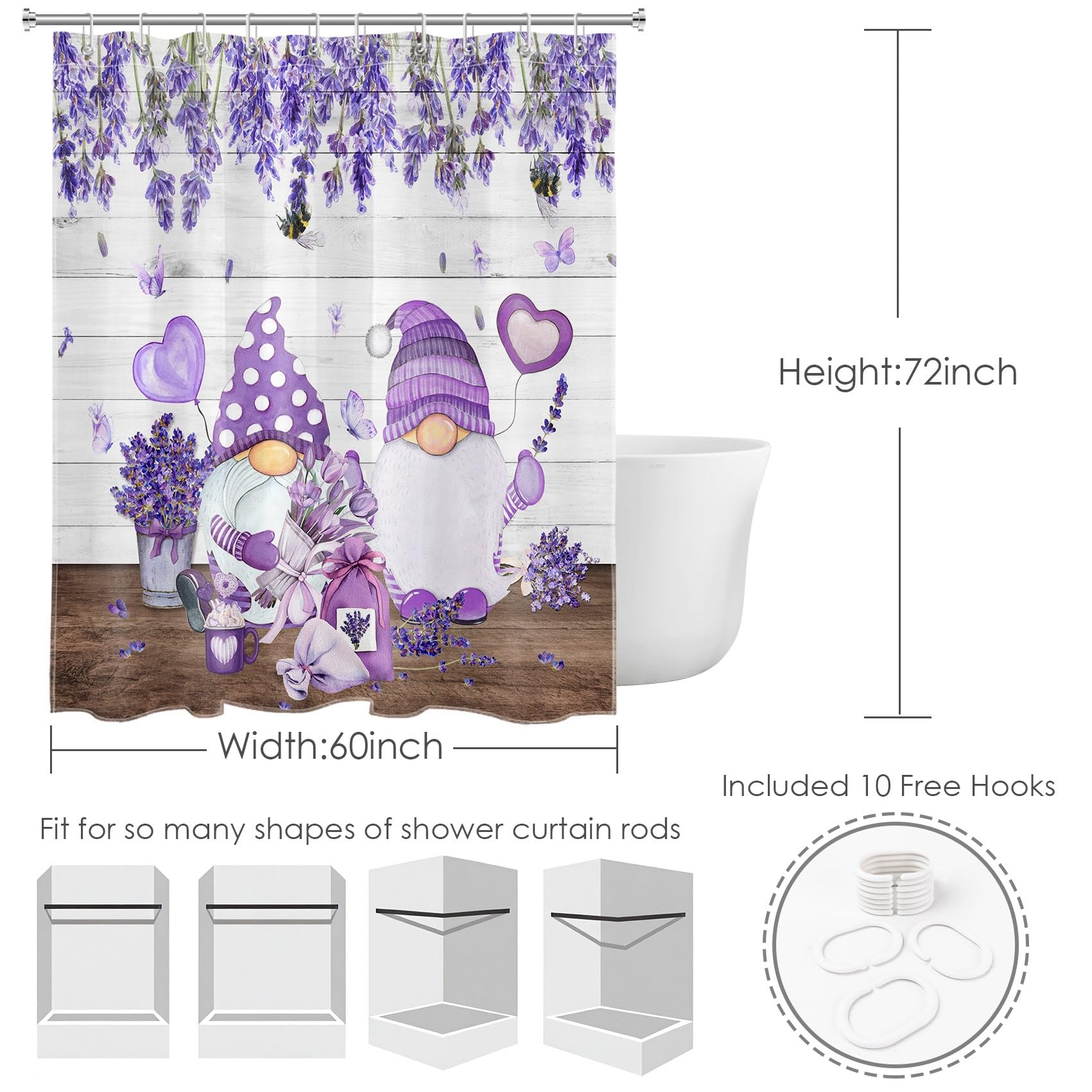 Spring Gnome Shower Curtain – Floral Tree With Cute Gnomes, Rustic Fabric Bathroom Decor With Hooks (70 X 70 Inches)