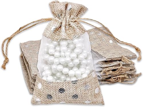 Paquete de 12 bolsas de regalo pequeñas de lino, arpillera y organza con cordones (3.5x5.5 pulgadas, lunares beigeplateado) - Recuerdos de fiesta,