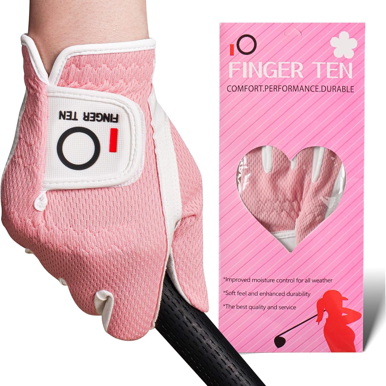 FINGER TEN Golf Gloves Women Left Hand Right Microfiber All Weather Grip Rain Hot Wet Value Pack, Ladies Golf Gloves Soft Flexible Durable Wear Resistance Good Grip (Pink, XS, Right)