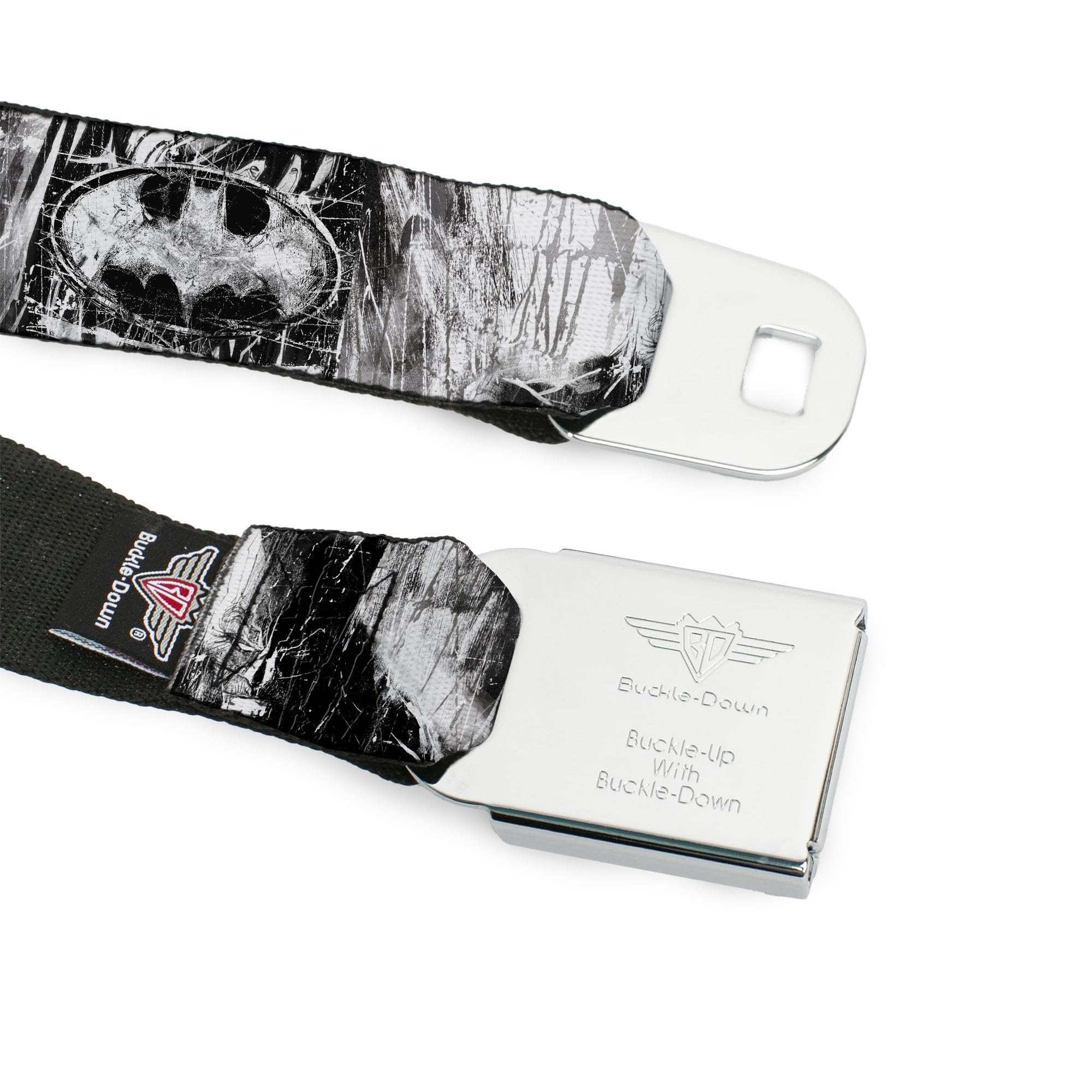 Buckle-Down Men's Seatbelt Belt Kids, Batman face/Bat Shield Sketch White/Black, 1.0'' Wide-20-36 Inches'
