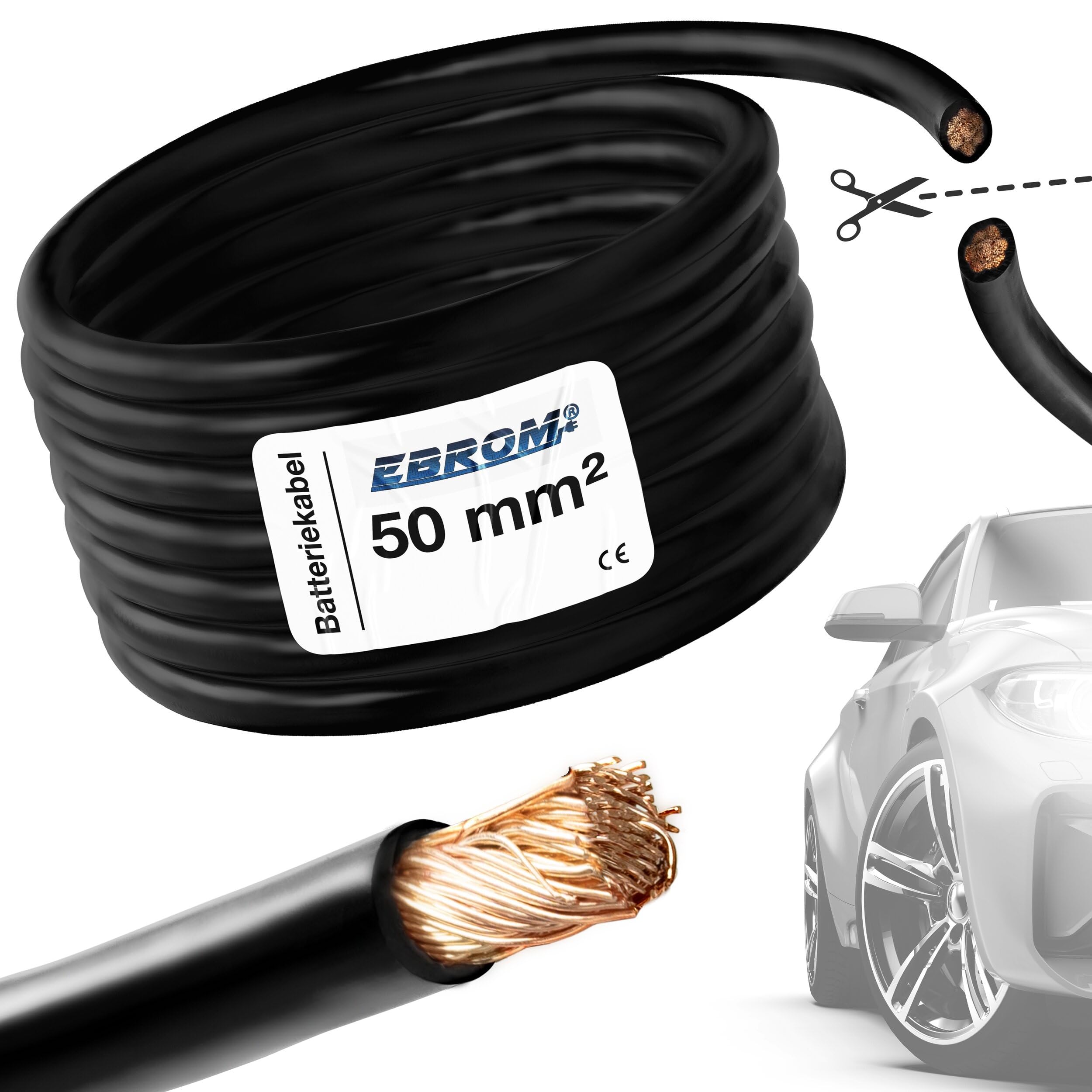 EBROM FLY Fahrzeugleitung SCHWARZ KFZ Leitung Batteriekabel – Querschnitt 50 mm² - Meterware – flexibel 90 ± 5 Shore, 100% Kupfer, Mantel Spezial PVC FLY FLRy - Starterkabel, Fahrzeugkabel in 50mm2