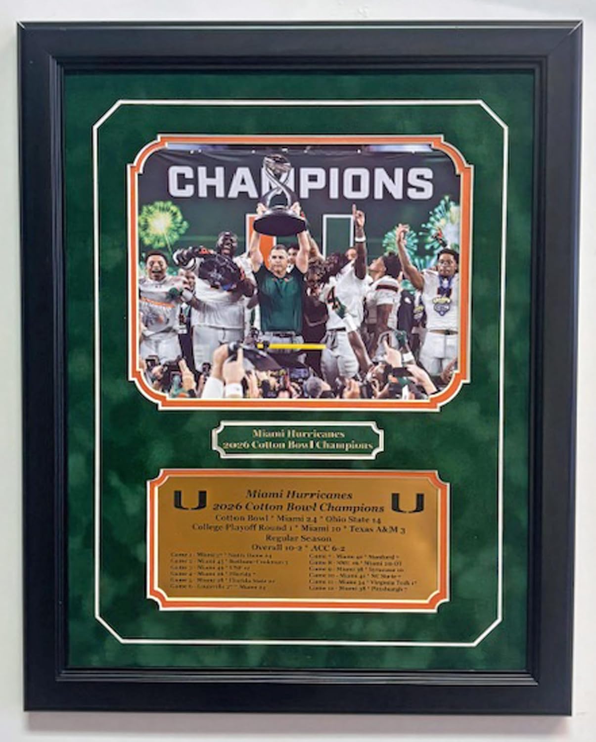 Miami Hurricanes 2026 Cotton Bowl Champions 8x10 Photo professionally framed and double matted with engraved nameplate (Black)