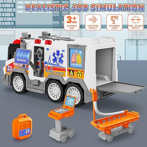 Miniatura 5 de Camión de juguete de ambulancia con sonido de efecto, incluye equipo CT, carro camilla, 2 autos de carreras de expulsión, regalos de cumpleaños para
