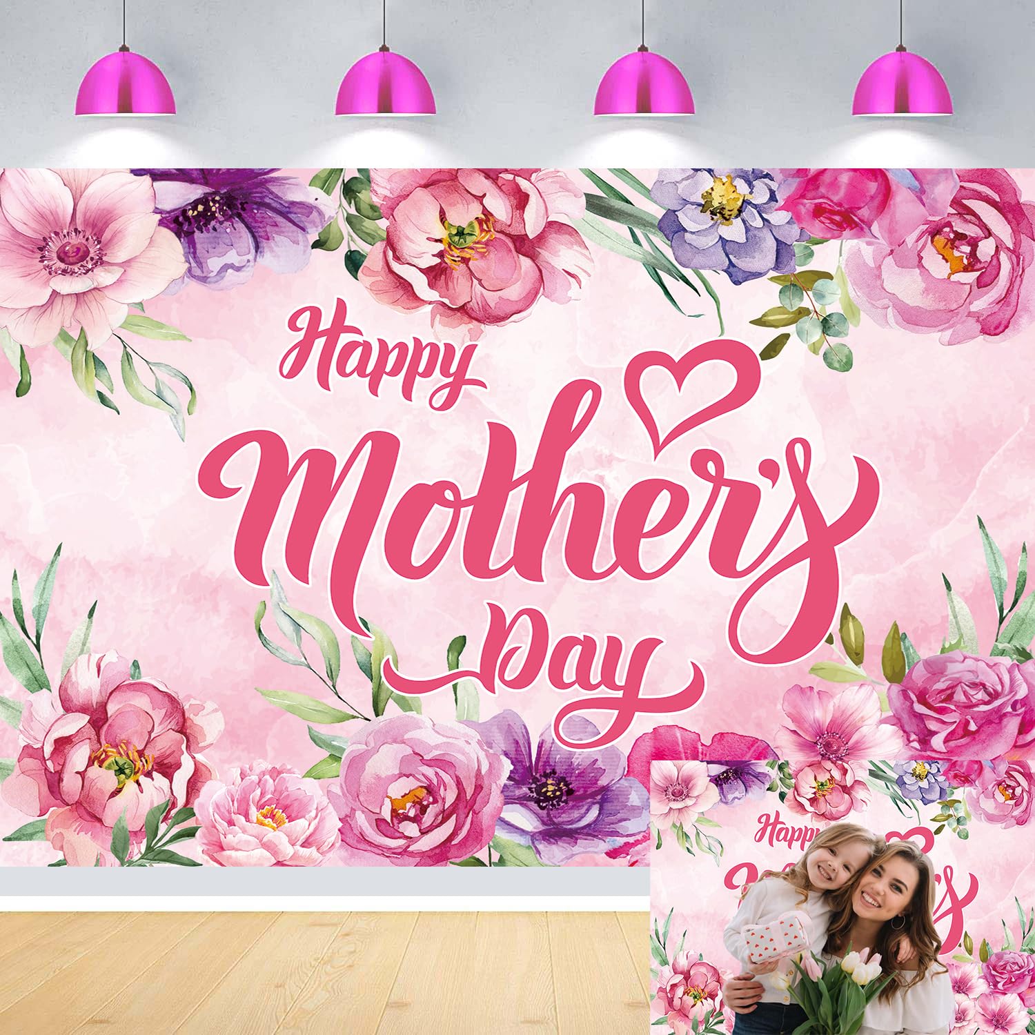 Happy Mother's Day Party Backdrop 10x8FT I Love Mom Photography Background Pink Flower Women Queen's Day Thanks Mama Banner Photo Props 120x96 inch