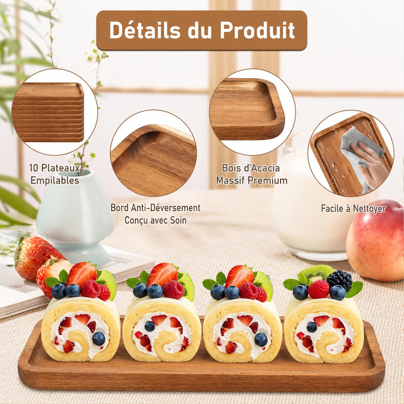 Lot de 10 Plateaux de Service en Bois d’Acacia, Planches Apéritives 28x10cm | Planches à Charcuterie avec Rebords Surélevés pour Apéritif, Tapas, Fromage, Café, Buffet, Mariage et Décoration