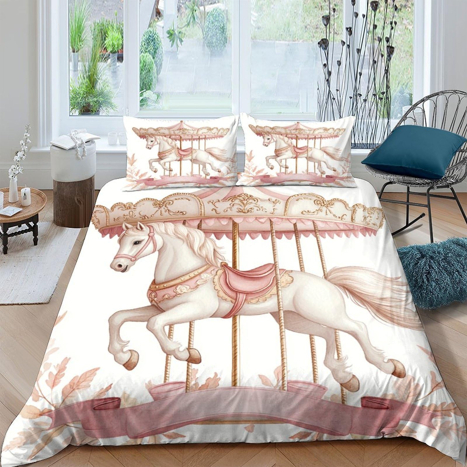 Ctjqhvkz Style-9 3D Printed Carousel Horse Fitted Sheet Microfiber Pink Retro Bed Cover For Bedroom Dorm Decor Mattress Protector Single（135X200cm）