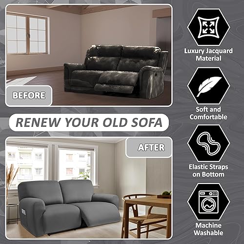 Miniatura 4 de ULTICOR Diseño de jacquard cuadrado extra ancho de 75 a 100 pulgadas, sofá reclinable de 2 plazas, funda de sofá reclinable extra ancha de 6 piezas,