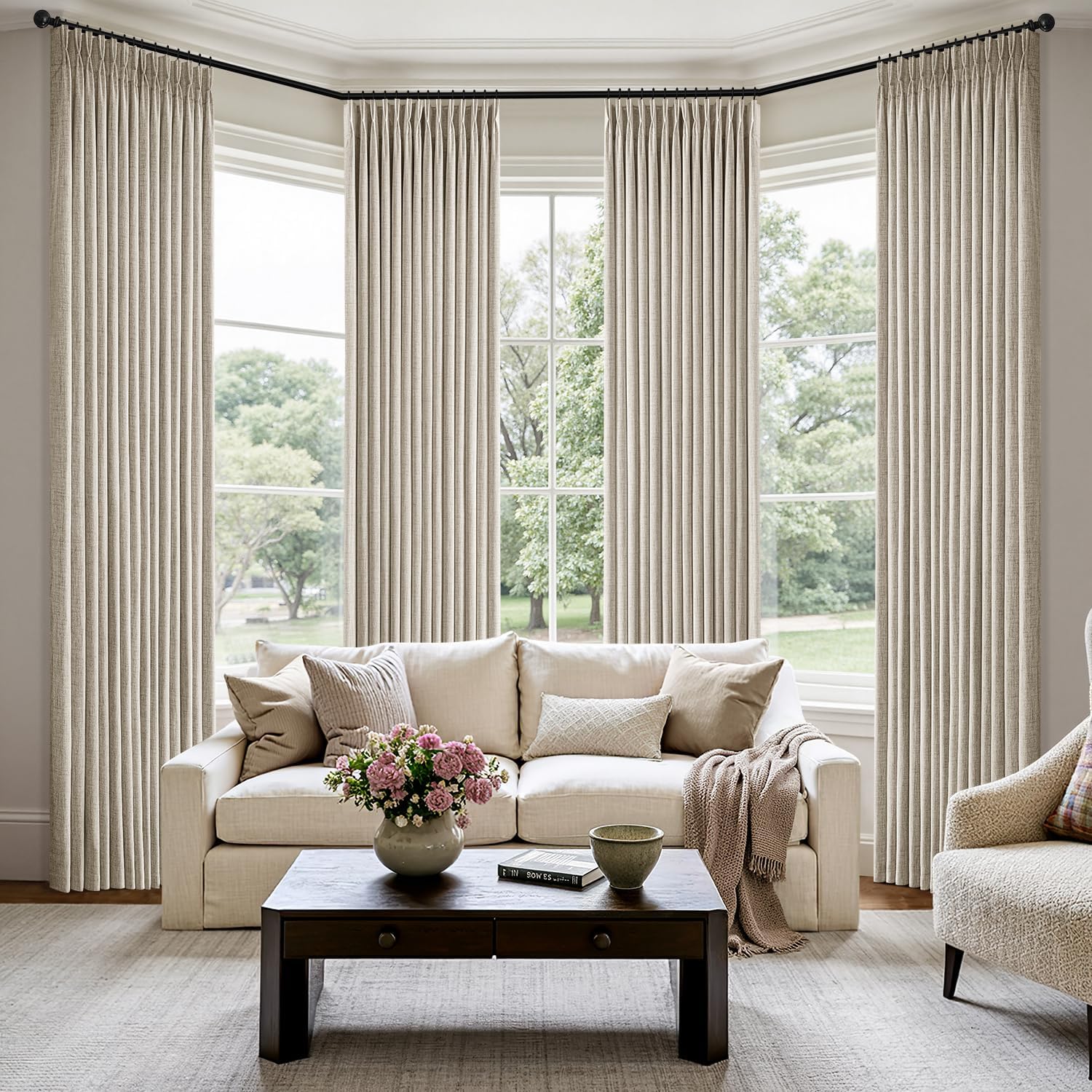 miulee pinch pleated thick linen curtains 102 inch 4 panels set back tab memory trained pinch pleat semi sheer light filtering privacy let light in window drape for living room bedroom burlywood birch burlywood birch 40"w x 102"l (pack of 4)