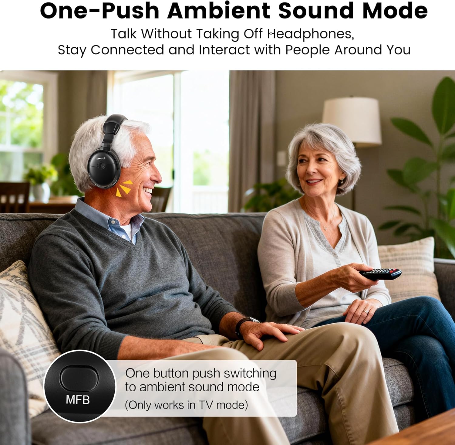 SIMOLIO TV Headphones Wireless for Seniors with Transmitter, 3 Tone Modes with Clear Dialog, RF & Bluetooth Headphones for TV Watching, Zero Audio Delay, 164FT/50M Range, Optical, RCA, AUX Support