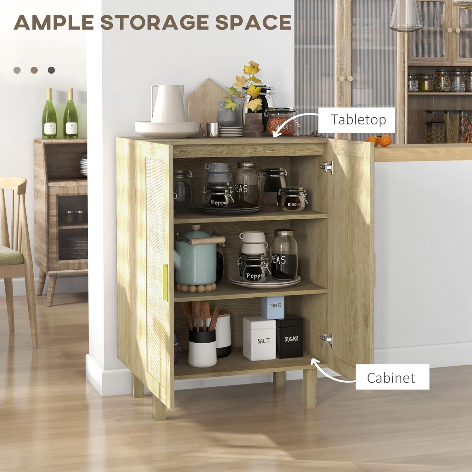 Natural Rattan Door Freestanding Home Bar Cabinet with Adjustable Shelves