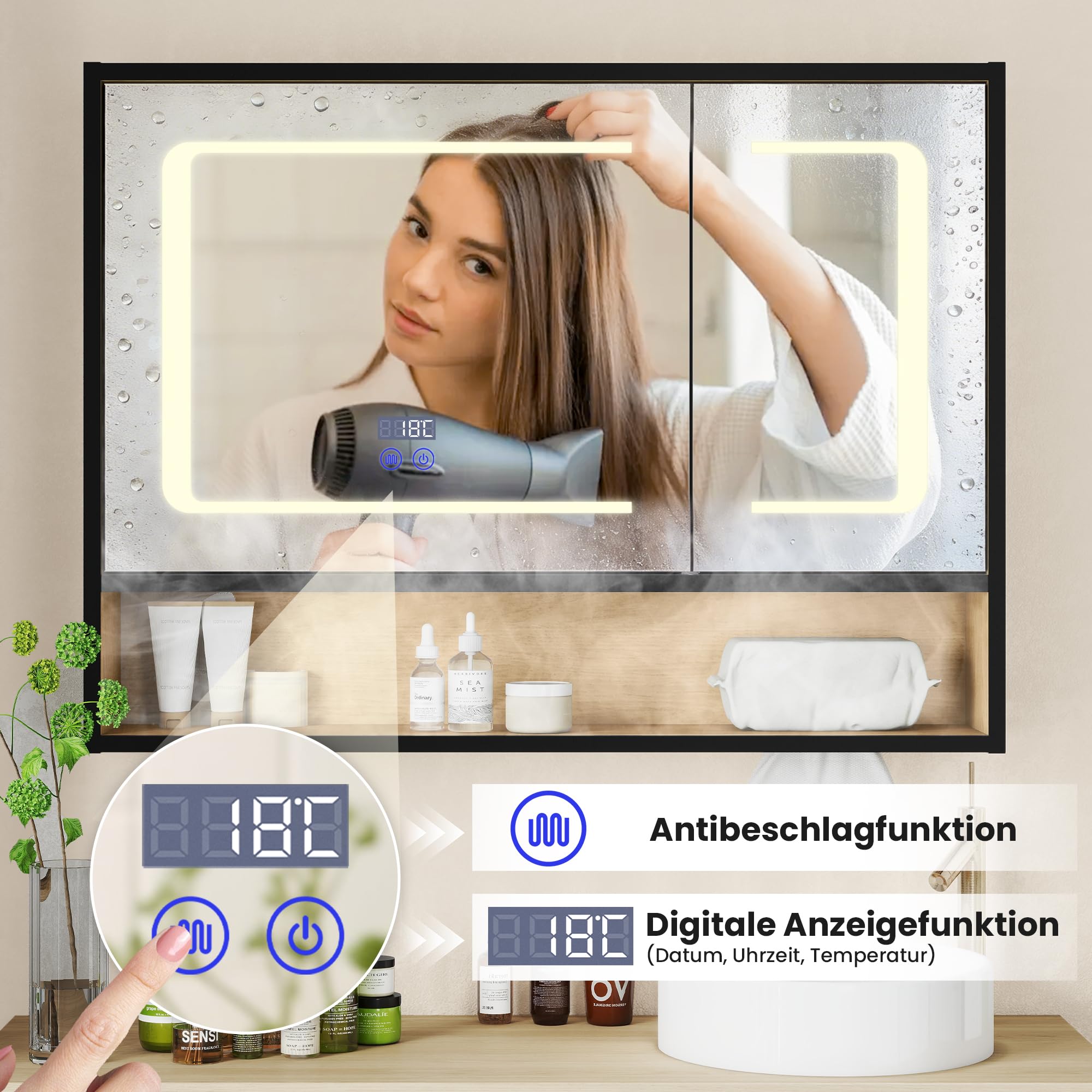 Pamapic Spiegelschrank Bad mit Beleuchtung, Badezimmerschrank mit Entfogging & Zeit und Temperatur Anzeigen, Badezimmer Spiegelschrank mit 3 Farbtemperatur Dimmbare, Hängeschrank,16 x 80 x 60 cm