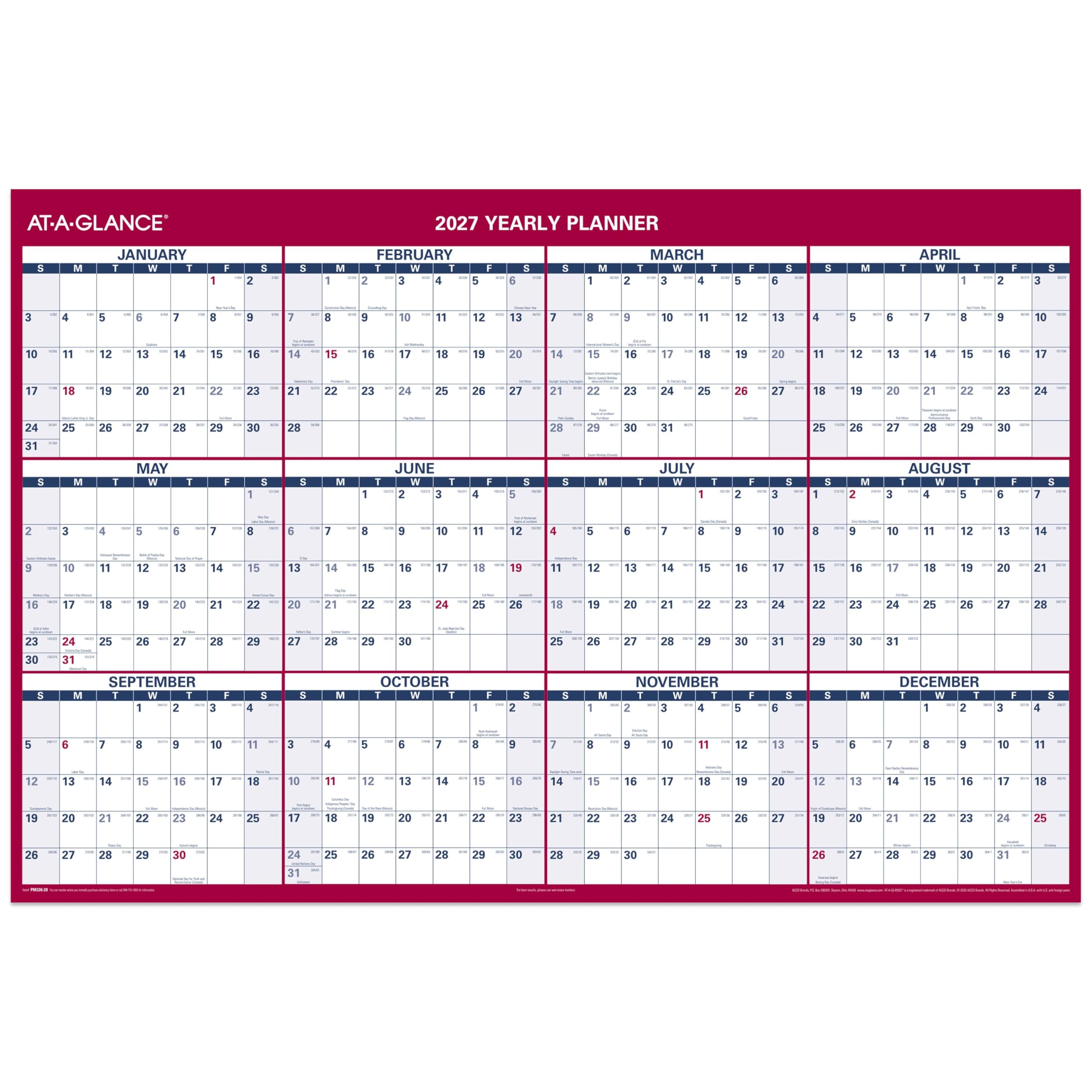 AT-A-GLANCE 2027 Erasable Calendar, Dry Erase Wall Planner, 48" x 32", Vertical-Horizontal, Reversible (PM3262827)