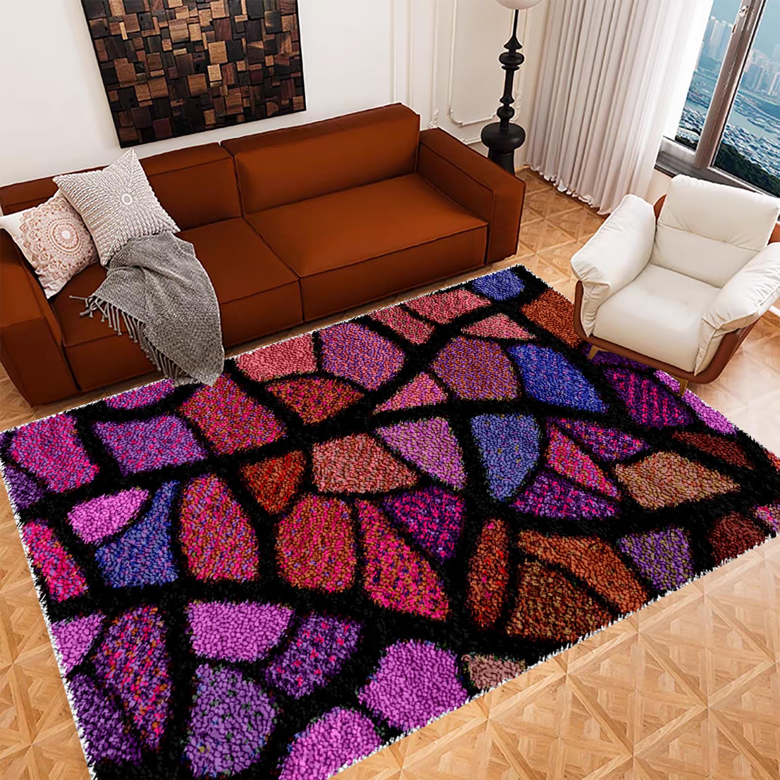 Knüpfteppich Zum Selber Knüpfen Großer, Teppich Knüpfen Set Erwachsene mit Häkelnadel, Farbe Bedruckter Leinwand Knüpfset, Latch Hook Kit Teppich Machen Handwerk Home 69 x 102 cm