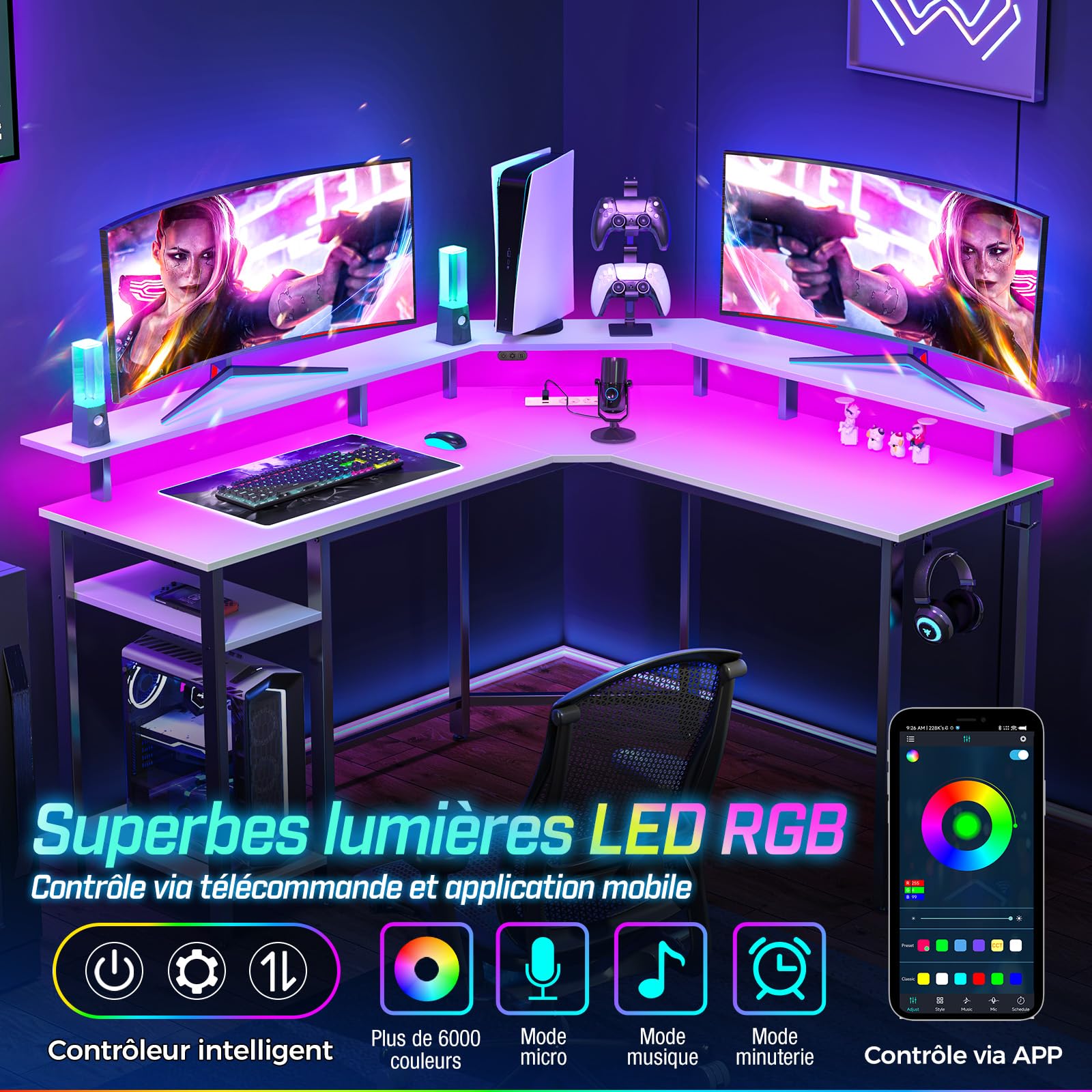 Rolanstar Bureau Gaming d'angle en L avec LED, Prises et Ports USB, 135 x 118 cm, Table d'Ordinateur avec Support Écran, Rangement et 2 Crochets, Bureau Réversible, Blanc