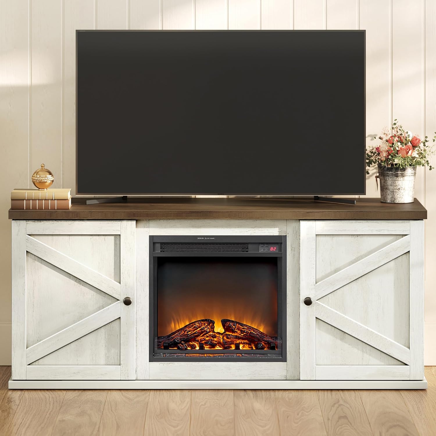 VASAGLE Fireplace TV Stand for TVs up to 65 Inches, 18-Inch ELectric Fireplace with Remote, Farmhouse Entertainment Center, Media Console Table for Living Room, Rustic White and Honey Brown ULTV540W01 Rustic White + Honey Brown 58"L Fireplace TV Stand