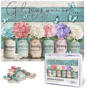 Christian Jigsaw Puzzle for Adults 500 Pieces Farmhouse Butterfly Flowers Religious Puzzles Scripture Bible God Says You are Inspirational Wooden Puzzle for Living Room Family Activities Fun Games