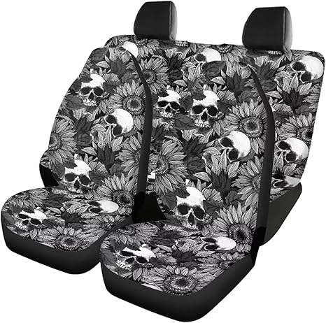 Black Skull Flower Car Seat Cover Full Set Front Seat Cover, Bench Cover(2pc Split Bench Cover), Elastic Polyester Seat Covers, Universal Fit for Cars SUV