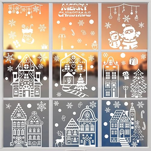 CCINEE 8 hojas de calcomanías de ventana de Navidad, calcomanías de doble cara para ventana, diseño de copos de nieve, muñeco de nieve, renos para