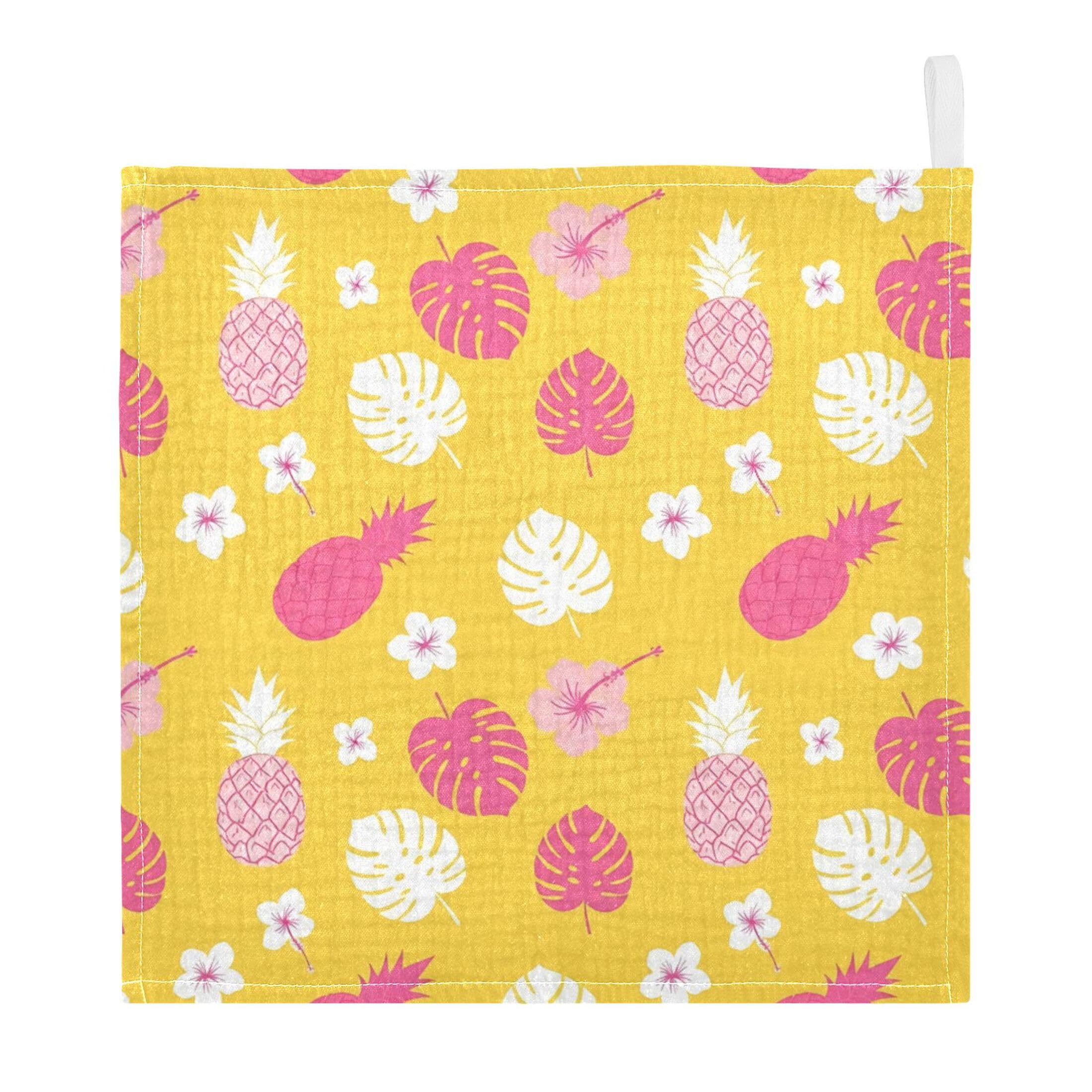 Fuauuyl Monstera Leaves Pineapples Baby Muslin Washcloths Cotton Absorbent Soft Burp Cloths for Newborns Infants Toddlers, Reusable Face Towels for Sensitive Skin, 5 Pack, 12x12 in