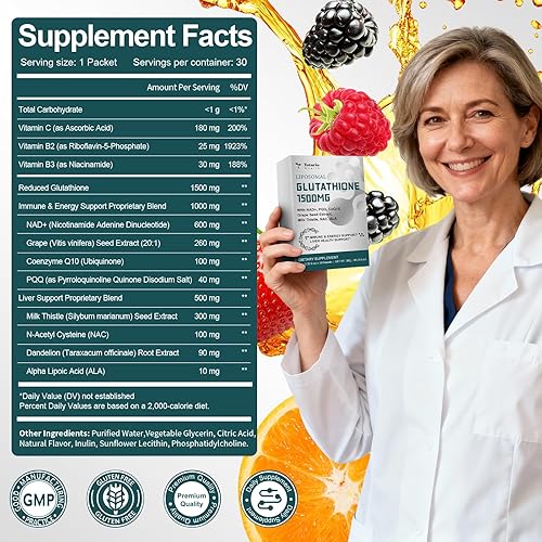 Miniatura 6 de Suplemento de glutatión liposomal de 1500 mg, glutatión líquido de ultra alta absorción 12 en 1 con NAD+, CoQ10, NAC y ácido alfa lipoico, apoya la