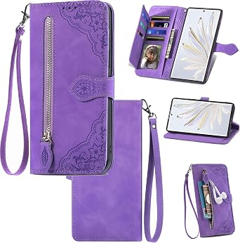 bojioderf Compatible with Huawei Mate 20 lite Case,Compatible with Huawei Maimang 7 Wallet Zipper Card Holder Flip Stand Magnetic Closure Cover Purple