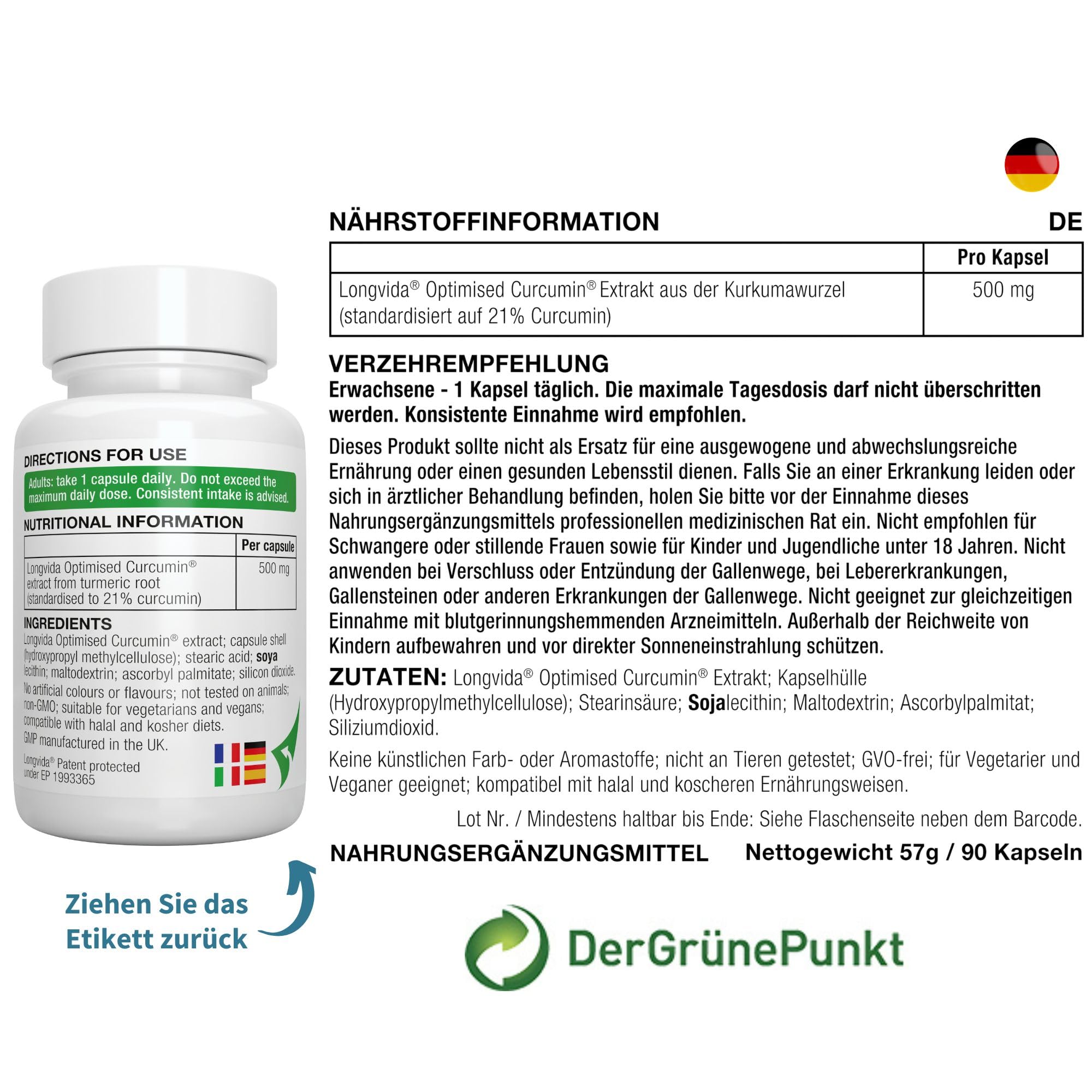 Longvida Curcumin 500 mg, hochdosiert, 285x höhere Bioverfügbarkeit als standard Kurkumin, sichere Langzeitanwendung, vegan, 30 Kapseln