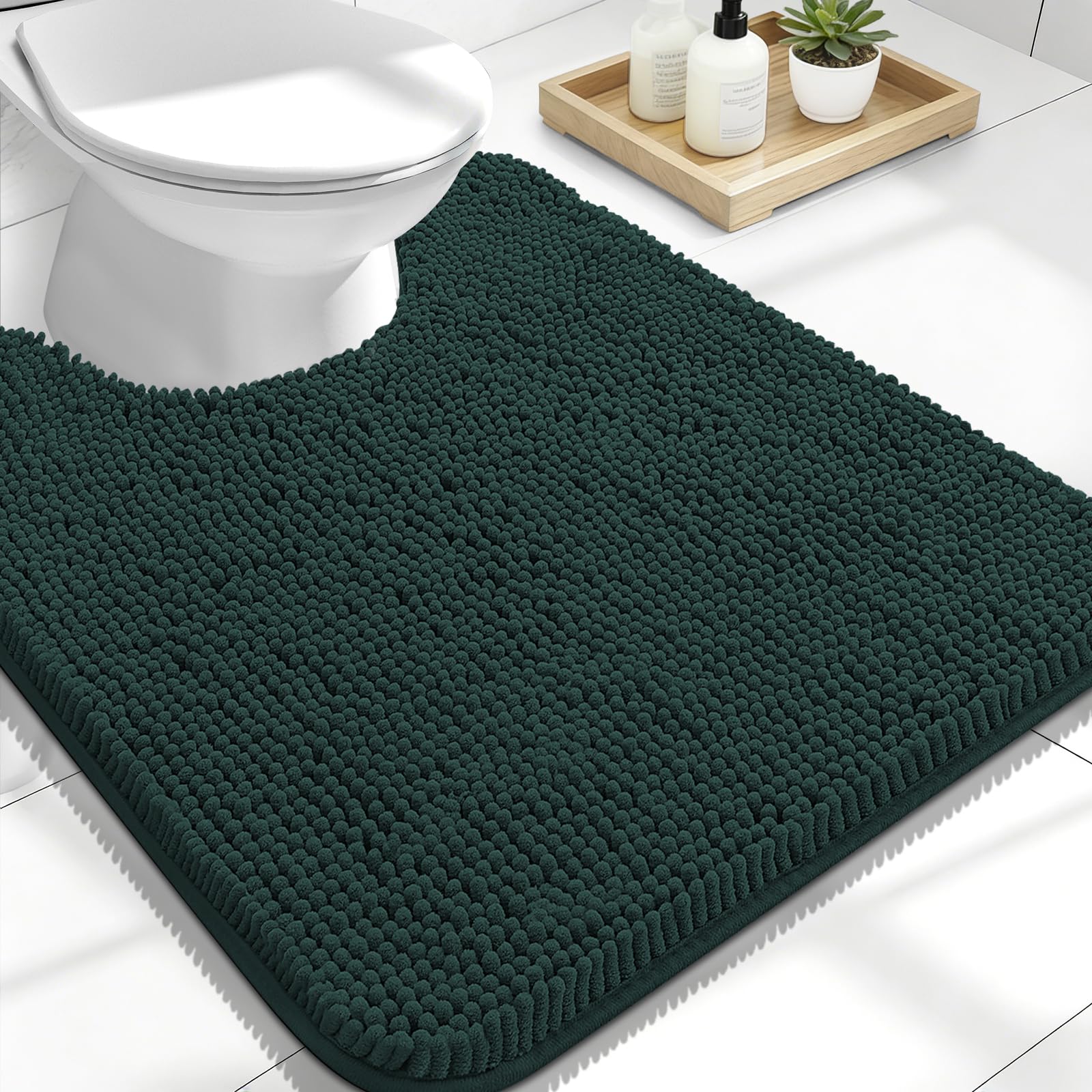 OLANLY Toilet Rugs U-Shaped 24x20, Soft Absorbent Chenille Contour Rugs | Blackish Green, Quick-Drying Rubber Backing, Machine Washable Non-Slip Shaggy Bathroom Mat for Toilet, Home Decor Accessories