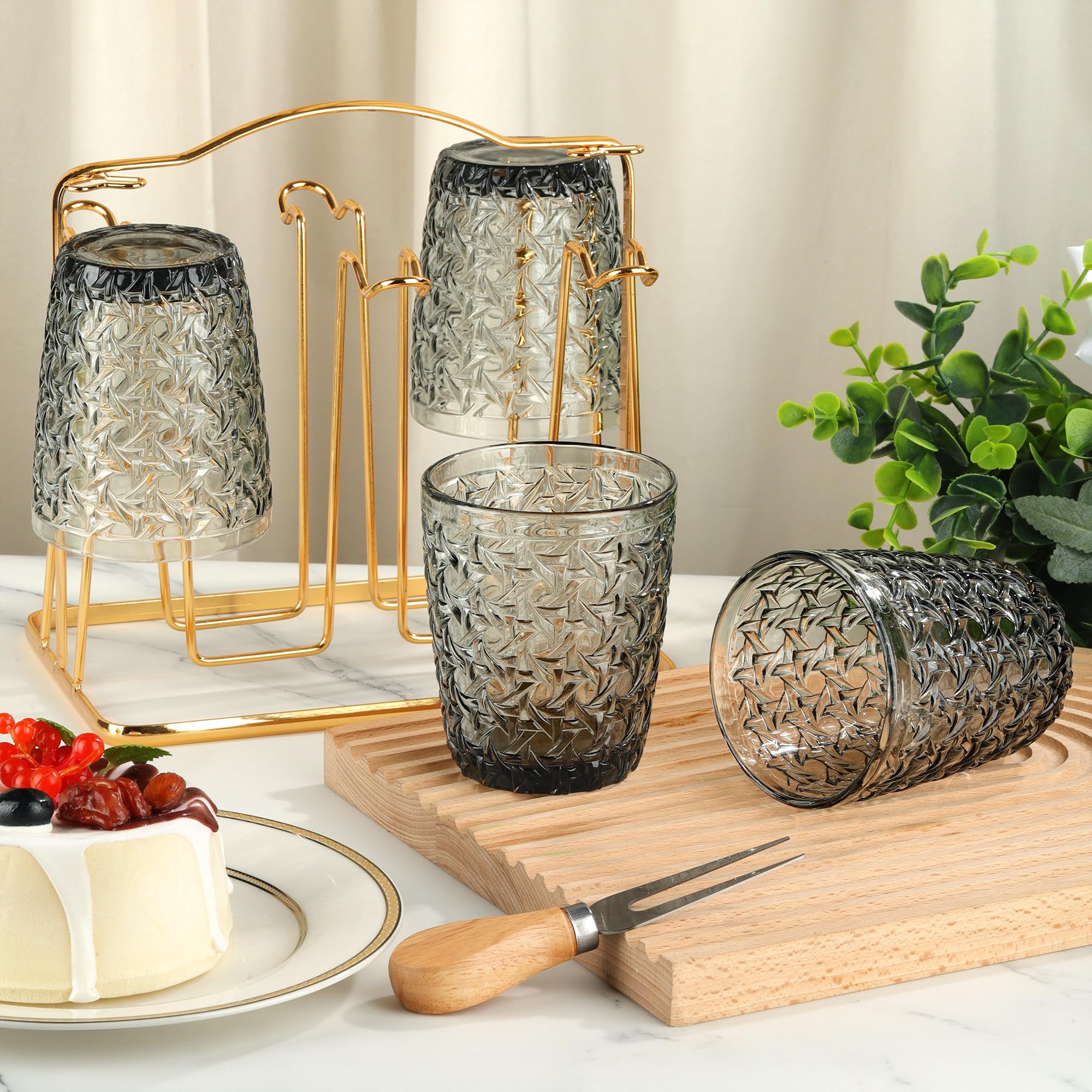Joeyan Gris Verre a Eau,Empilable Verres à Boire Gobelet Vintage en Relief Fleur,pour Jus Boissons Bière Cocktail,300 ML,Lot de 6,Sécurité au Lave Vaisselle