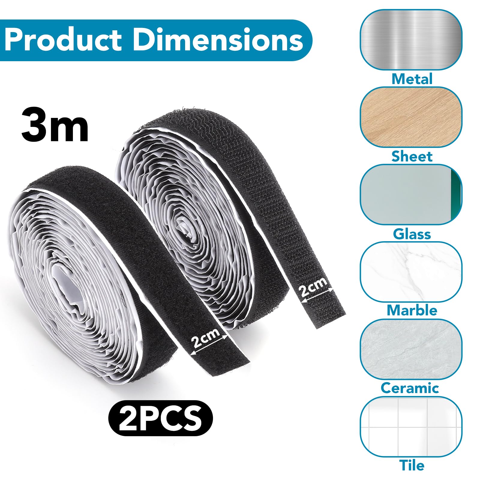 2 PCS Cinta Autoadhesiva de Gancho y Bucle Extra Fuerte con 1 Tijeras, 20mm x 6m Negro, Cinta de Cierre Doble Cara, Recortable para Alfombras Cojines Sofá Mosquiteras