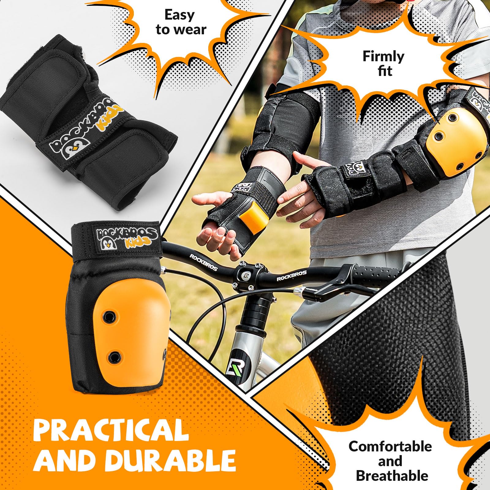 ROCKBROS Protezioni Set Bambini, Protezione Skateboard Bambini, 3 in 1 Protezioni Pattini, Ginocchiere Gomitiere Polsiere, Sicurezza Set per Ciclismo, Pattinaggio, Monopattino, Scooter